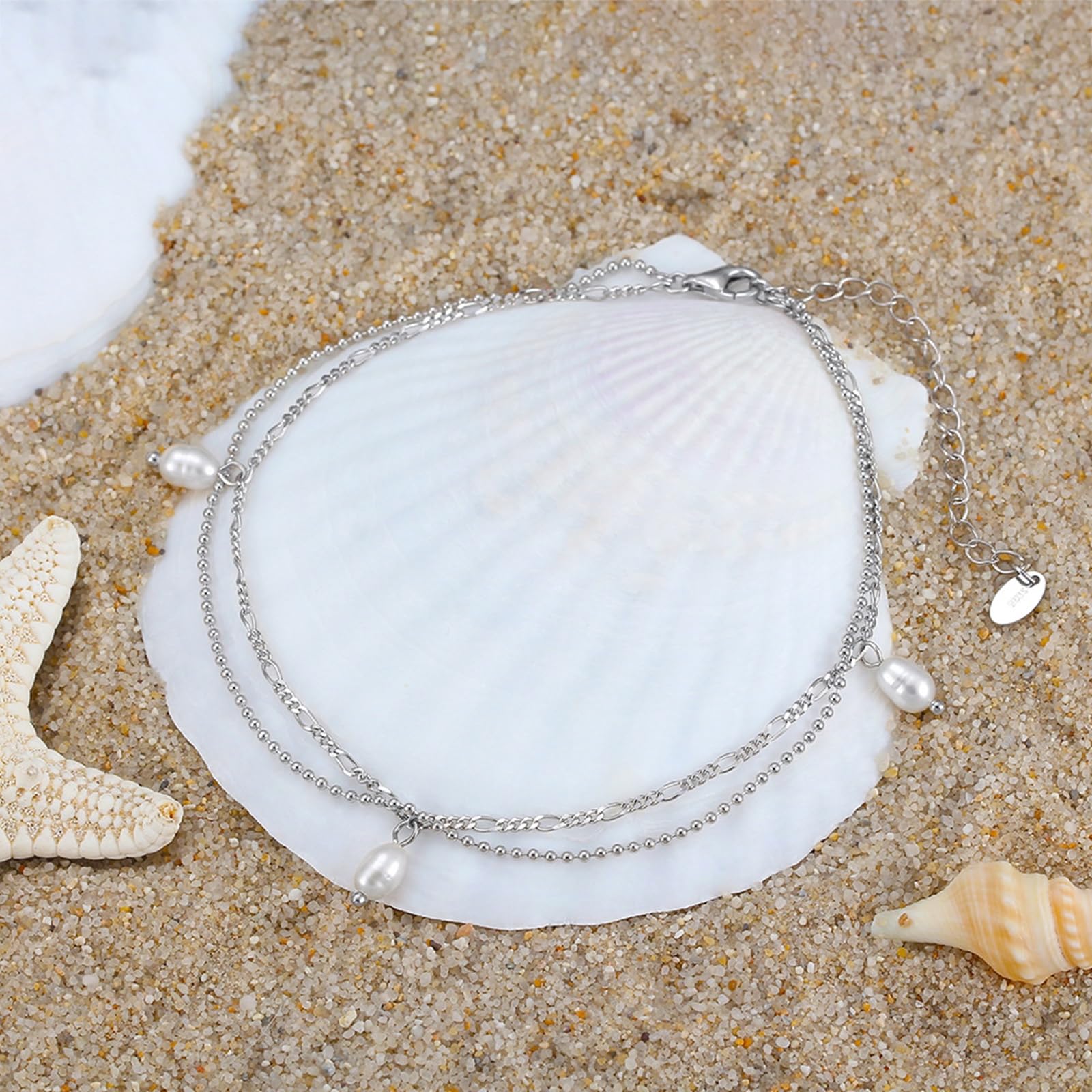 Cavigliera in Argento 925 Donna, Cavigliera Sexy Perlina A Doppio Strati con Perla Argento, Regolabile Fino a 27 cm - Bracciali alla Caviglia da Spiaggia Cavigliere per Donne