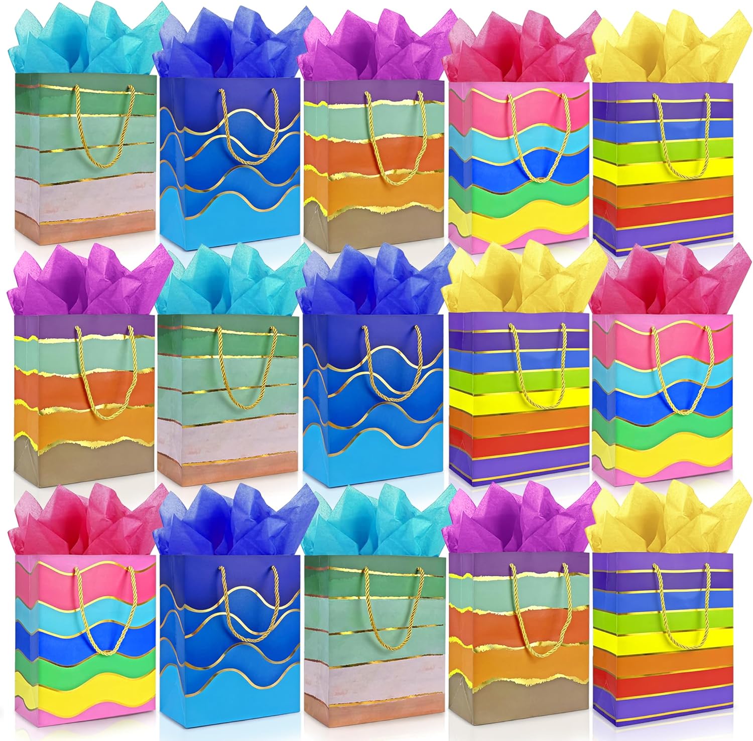 MUMULULU 15 Pack Paper Gift Bags with Handle and Tissue Paper Birthday Bag Rainbow Gift Bags for Birthday Party Baby Shower Wedding Holiday Presents