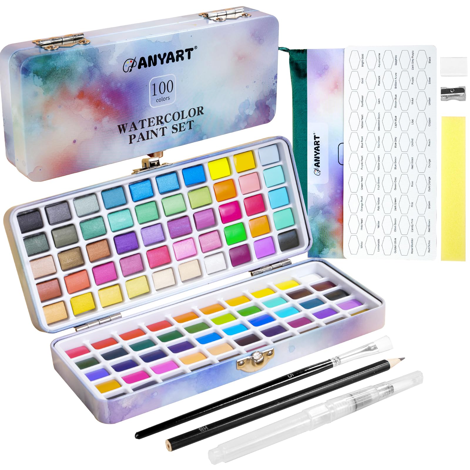 POTTREATIVE Aquarellfarben Set 100 Farben | Mit Metallics & Macaron-Tönen | Inklusive Pinsel & Etui