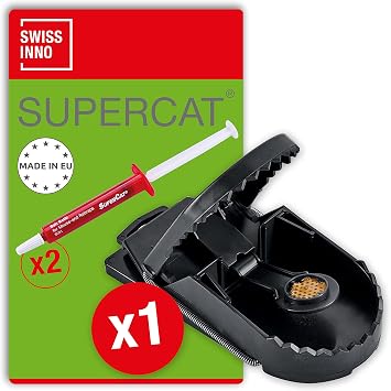 SWISSINNO SuperCat Rat Trap, Reusable and Reliable Impact Trap with Earth Bus Butter Bait, Ready to Use, Indoor and Outdoor Use, 1 x Trap + 2 x Bait Syringes