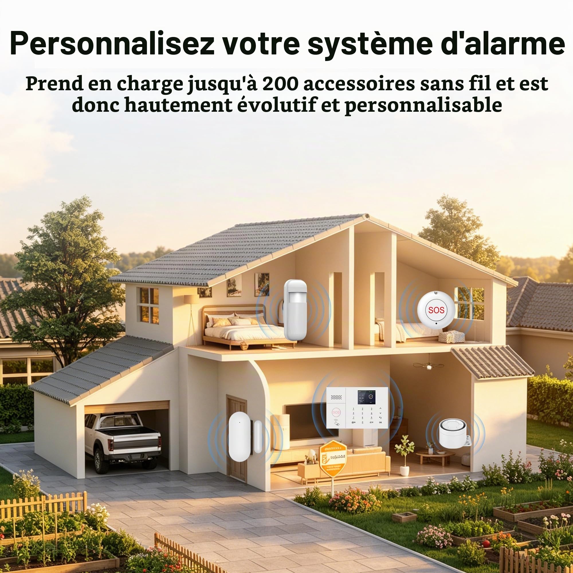 Système d'alarme Domestique Wi-FI écran Tactile, Commande par Application, kit sécurité 13 Composants avec détecteur de Mouvement, capteur de Porte, télécommande et sirène (21kit)