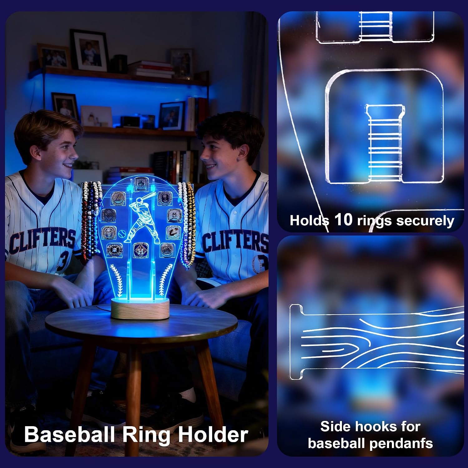 Loscarol Championship Ring Display Case, 10 Slots Baseball Ring Holder Case with LED Light, Acrylic Championship Ring Display Stand for Collection Sports Champion Rings