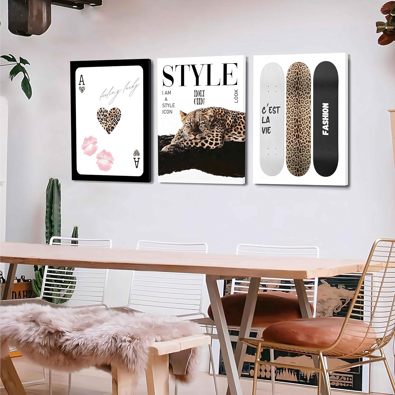 3Pcs Trendy Leopard Canvas Wall Art,Vintage Preppy Aesthetic Stylish Leopard skateboard Funky Lucky 8Ball Cheetah Artwork Posters Print for Bedroom Living Room Bathroom Decoration12X16in Framed