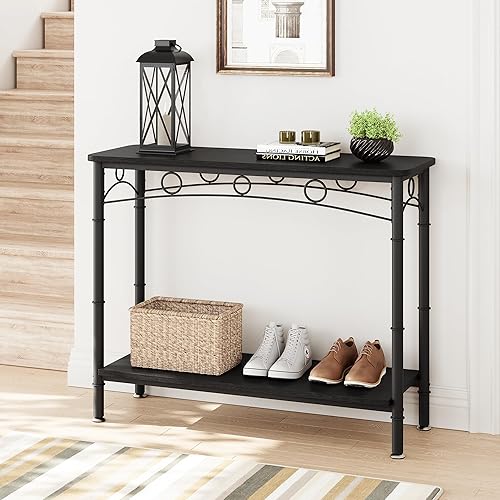 Miniatura 6 de IDEALHOUSE Nueva mesa consola 2024 mesa de sofá retro con almacenamiento, mesa de entrada de 2 niveles con MDF y metal, diseño elegante para sala de