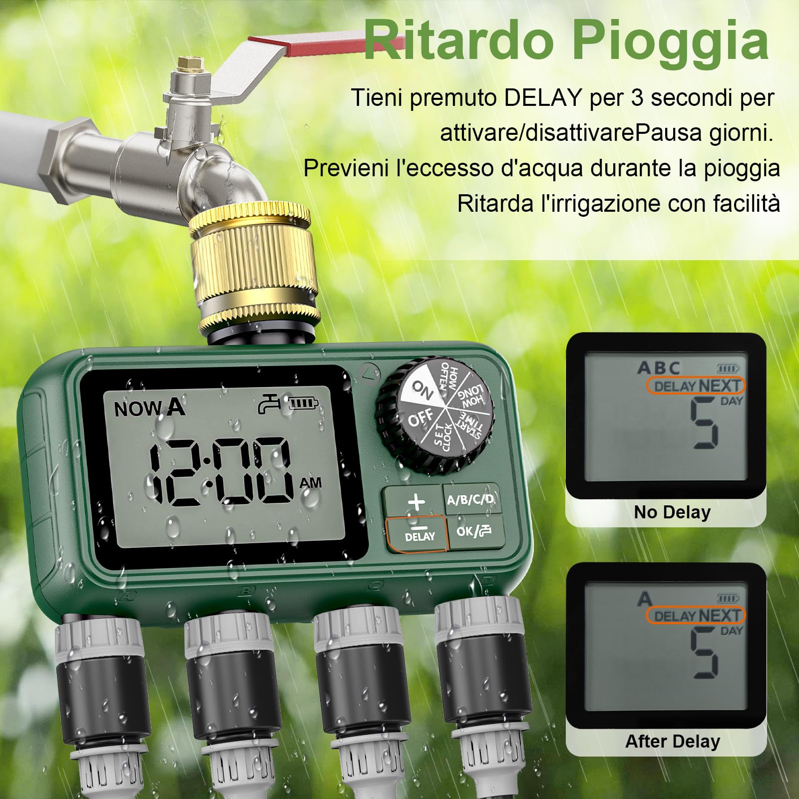 Centralina Irrigazione 4 Vie con Ingresso in Ottone, Grande Display LCD, Computer Giardino Irrigazione Timer, Timer Irrigazione Automatica con Ritardo Pioggia per Automatica e Manuale per Prato