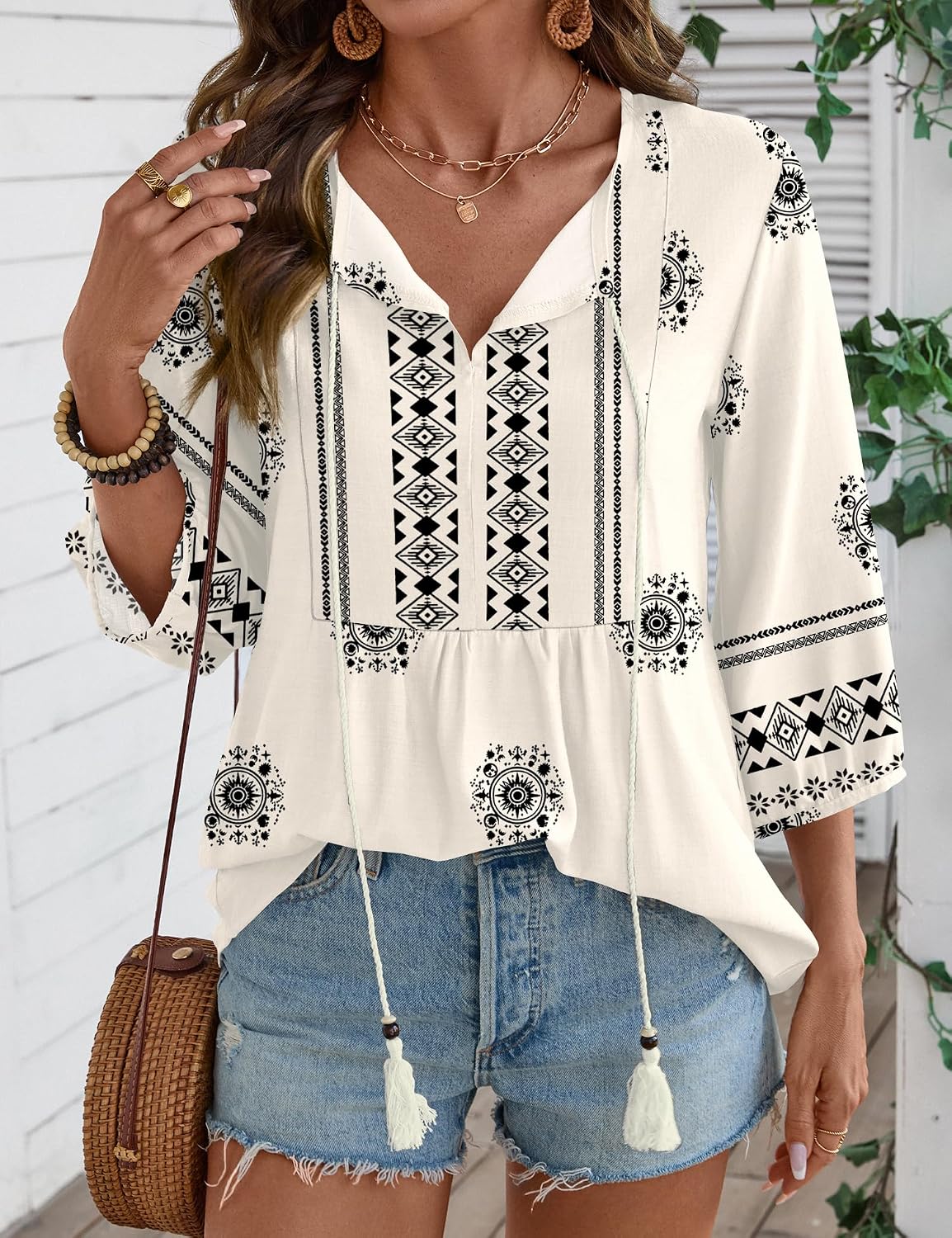 Rapbin Women Summer Boho Tops 3/4 Sleeve Pleated Blouses Casual V Neck Tie Front Spring Tunic Tops