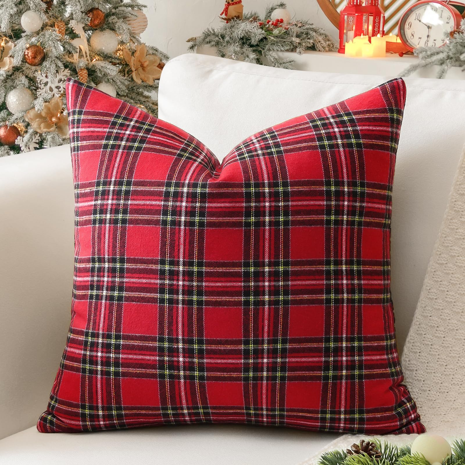 Sungeek Set of 1 Christmas Scottish Tartan Decorative Cushion Cover 60 x 60cm Soft Plaid Check Square Throw Pillow Case for Sofa Couch Bed Farmhouse Patio 24x24 Inch, Red