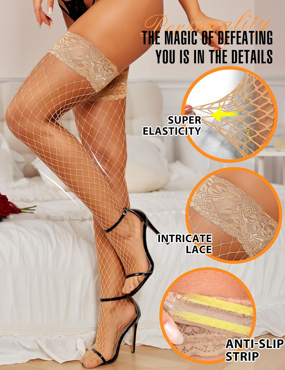 RSLOVE Lace Top Fishnet Thigh High Stockings - Sexy Stockings for Women Antiskid Silicone Stay Up Pantyhose - Image 3