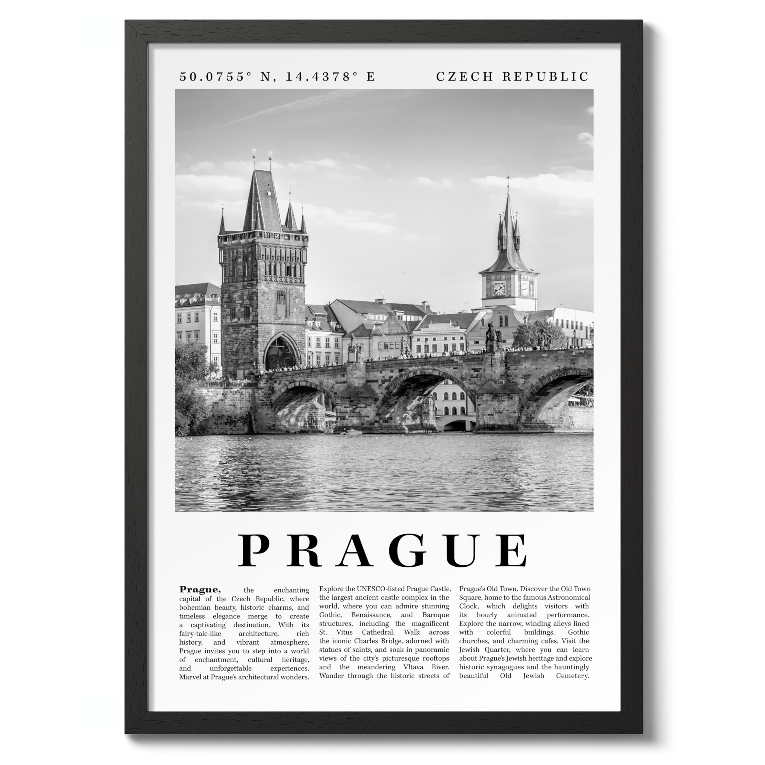 Prague - Czech Republic Travel Poster, Black & White Print, City Landmark. Modern Home Wall Decor For Living Room Bedroom, Archival Matte, 50x70cm (Black Frame) - 50x70cm — image 1