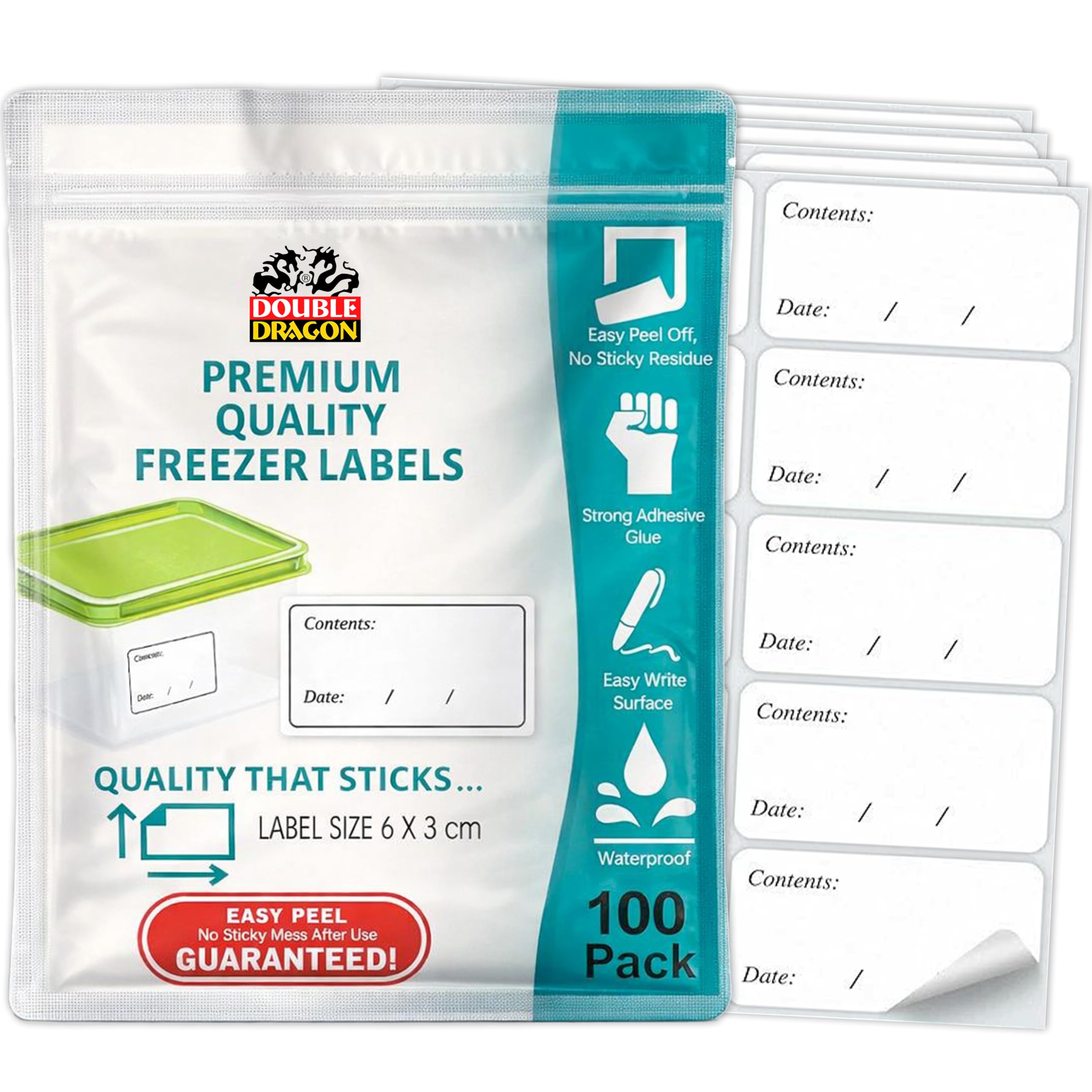 Double Dragon 100-Pack Premium Removable Freezer Stickers–6x3cm | Waterproof Labels for Food Containers, Baby Pots etc | Strong Adhesive, Easy to Write Surface | Peel Off Clean with No Sticky Residue