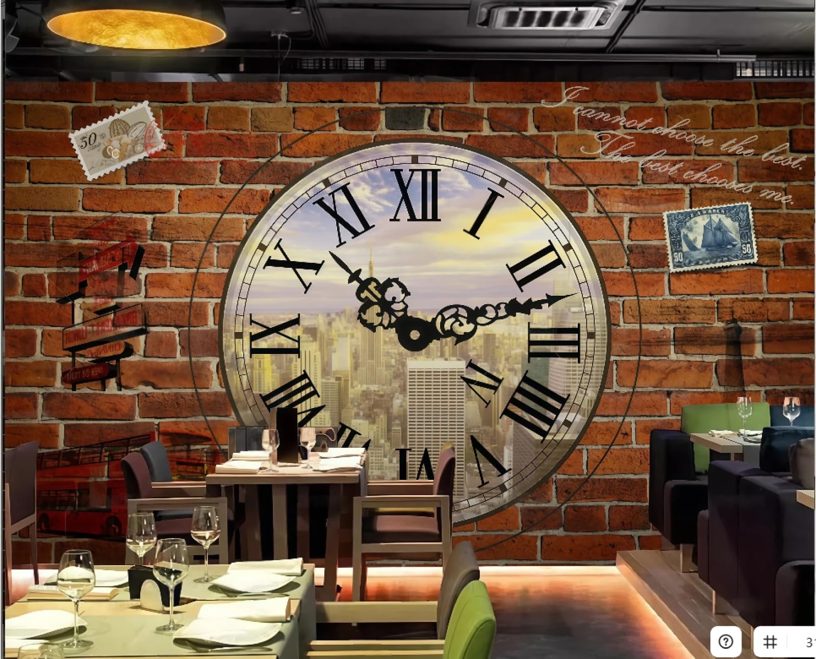 XDOUBAO Wallpaper Retro Nostalgic Clock Brick Wall Drink Dessert Shop Afternoon Tea Coffee Shop Background Mural Western Restaurant Wallpaper,3D,400x280cm