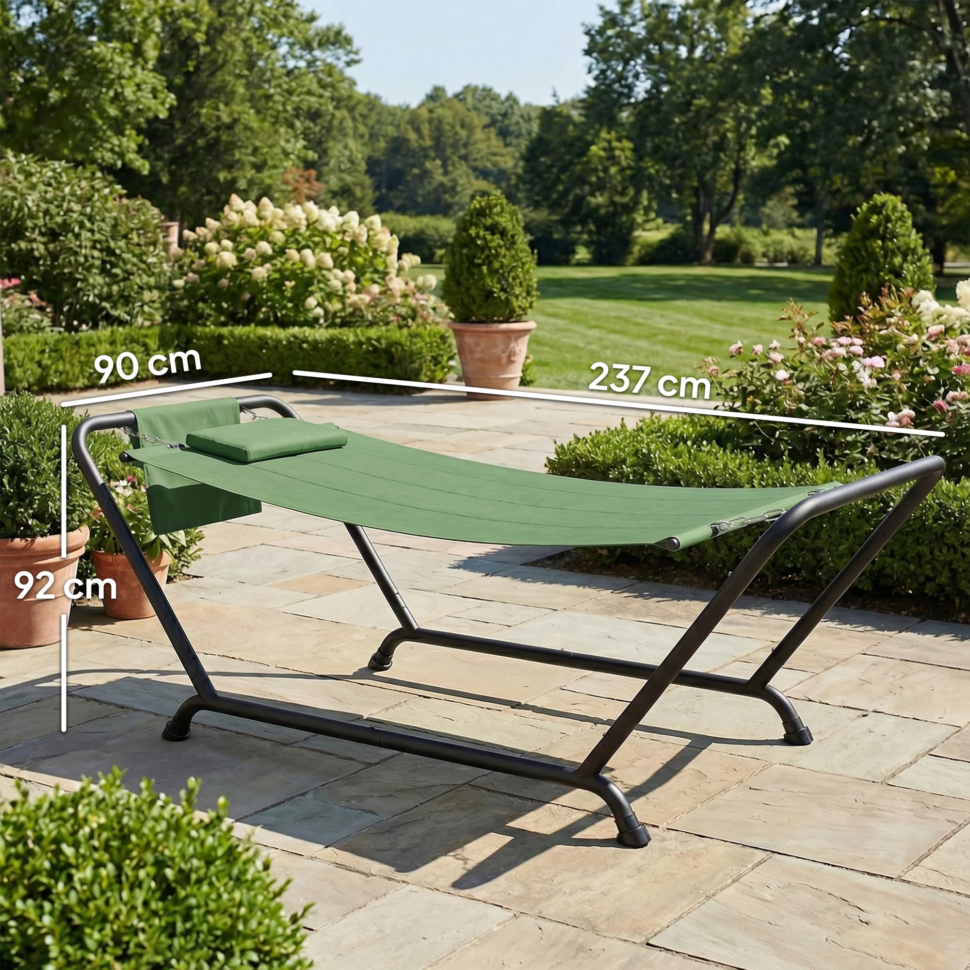 Outsunny Amaca da Esterno con Supporto Autoportante in Metallo, Amaca con Tasca Laterale e Poggiatesta, Portata 150 kg, per Giardino Balcone Veranda, 237x90x92 cm, Verde Scuro