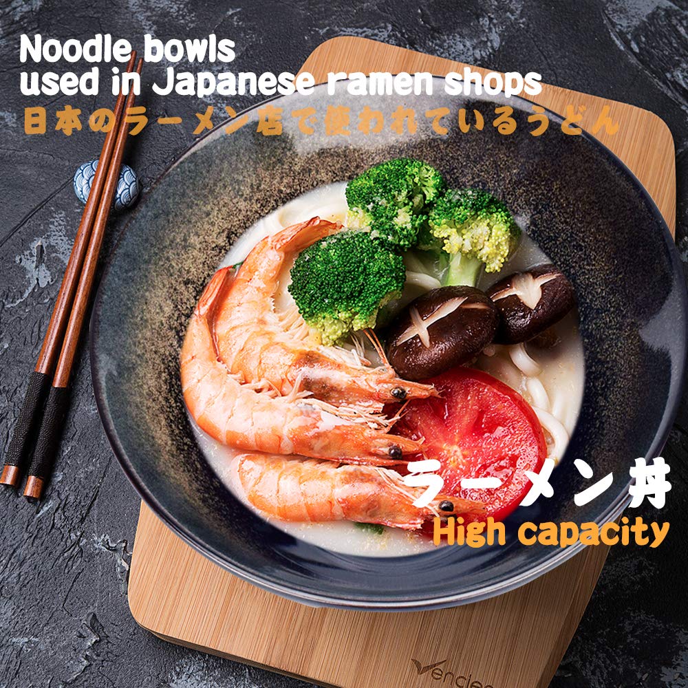 Genérico Tazón de Porcelana para Sopa de Fideos Ramen con Palillos y cucharas, 2 tazones japoneses Grandes de 900 ml para Udon, pho, Pasta y ensaladas, tazones para Cereales y Fideos.