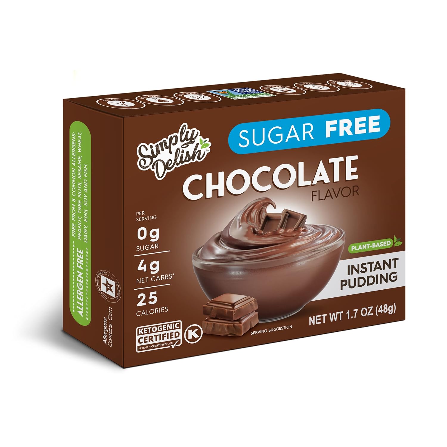 Simply Delish Instant Chocolate Pudding Mix - Plant Based Guilt Free Desserts - All Natural, Sugar Free, Non GMO, Gluten Free, Fat Free, Vegan, Keto