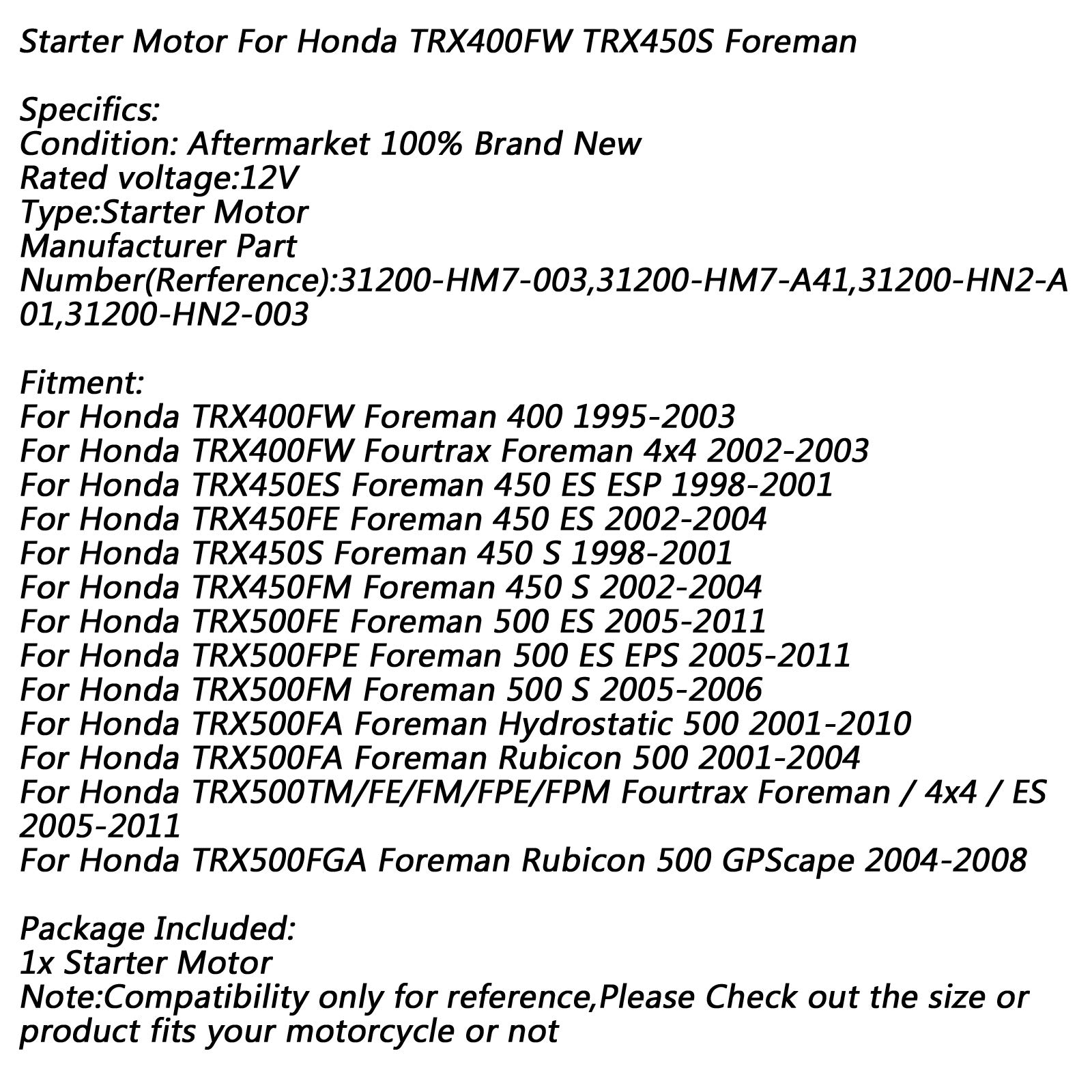 Bruce & Shark Motor de Arranque eléctrico para Honda TRX450S Fit Foreman 450 400 500 4x4 ES ESP