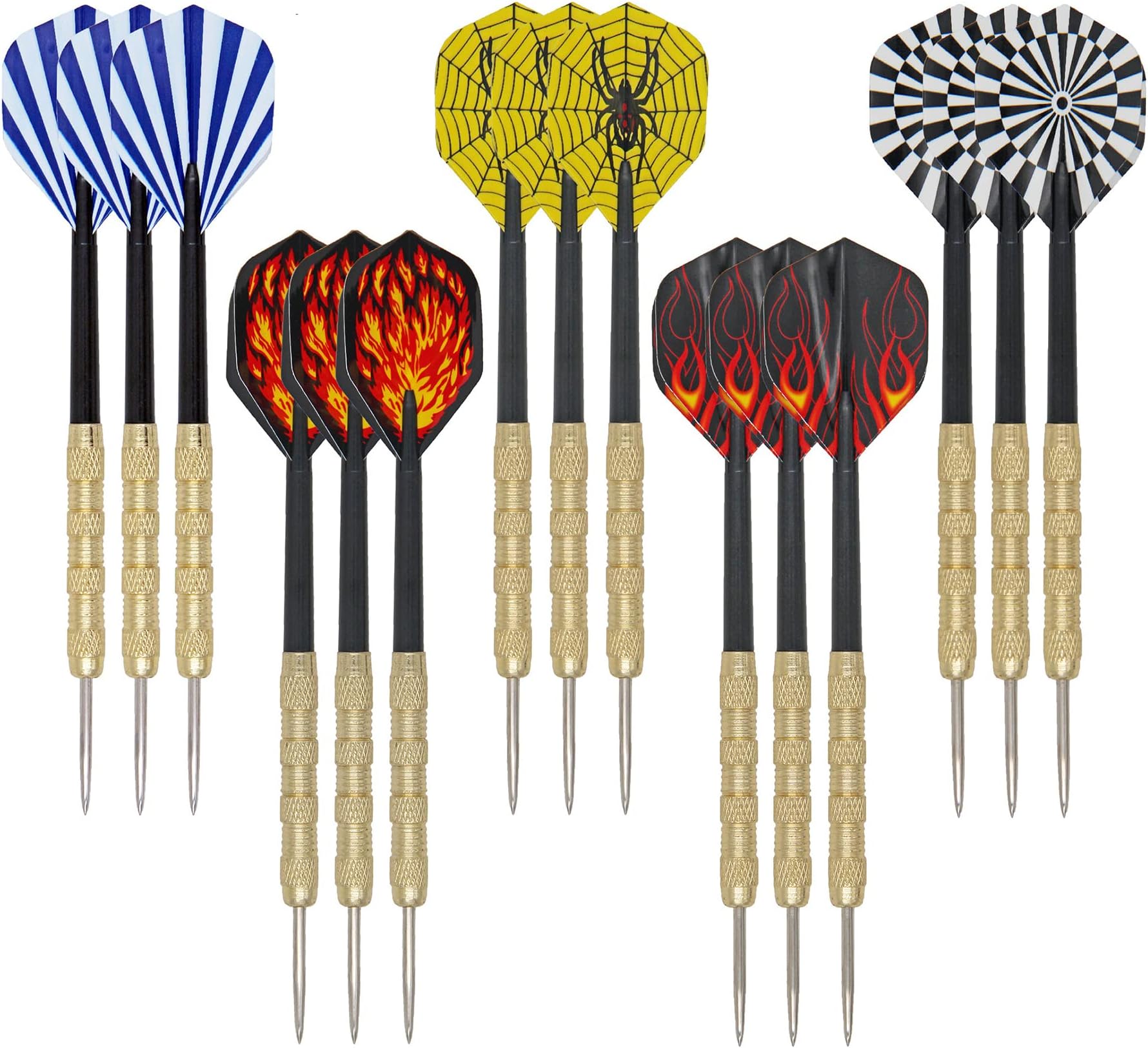SUQ15 Pack 14G Steel Tip Colorful Darts, Aluminium Shafts Metal Dart Set (5 Colors), Beginners Home Darts, Brass Barrels and Dart Sharpener, for Rec Room, Man Cave, Bar and Game Room