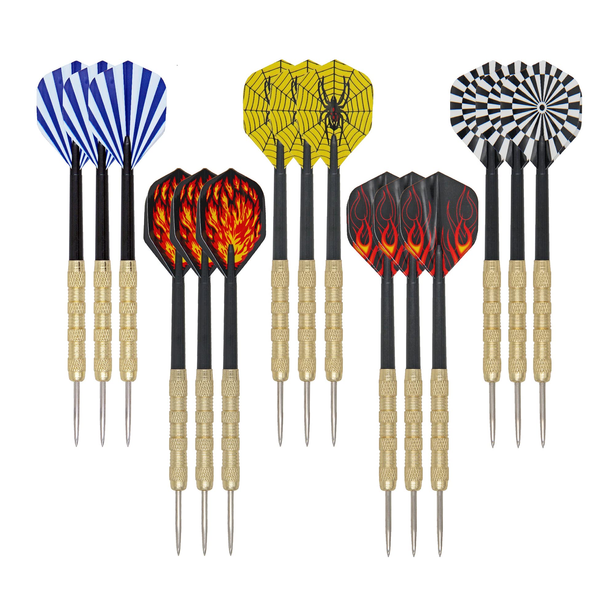 SUQ15 Pack 14G Steel Tip Colorful Darts, Aluminium Shafts Metal Dart Set (5 Colors), Beginners Home Darts, Brass Barrels and Dart Sharpener, for Rec Room, Man Cave, Bar and Game Room