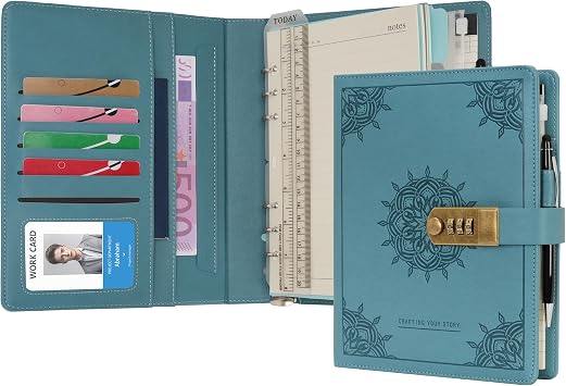 WASON Journal with Lock A5 Binder Diary Ruled Spiral Notebook Planner Portfolio and Refillable Writing Lined Paper Notepad, Pen, Clipboard Organizer For Ideal Business, School & Travel Cyan