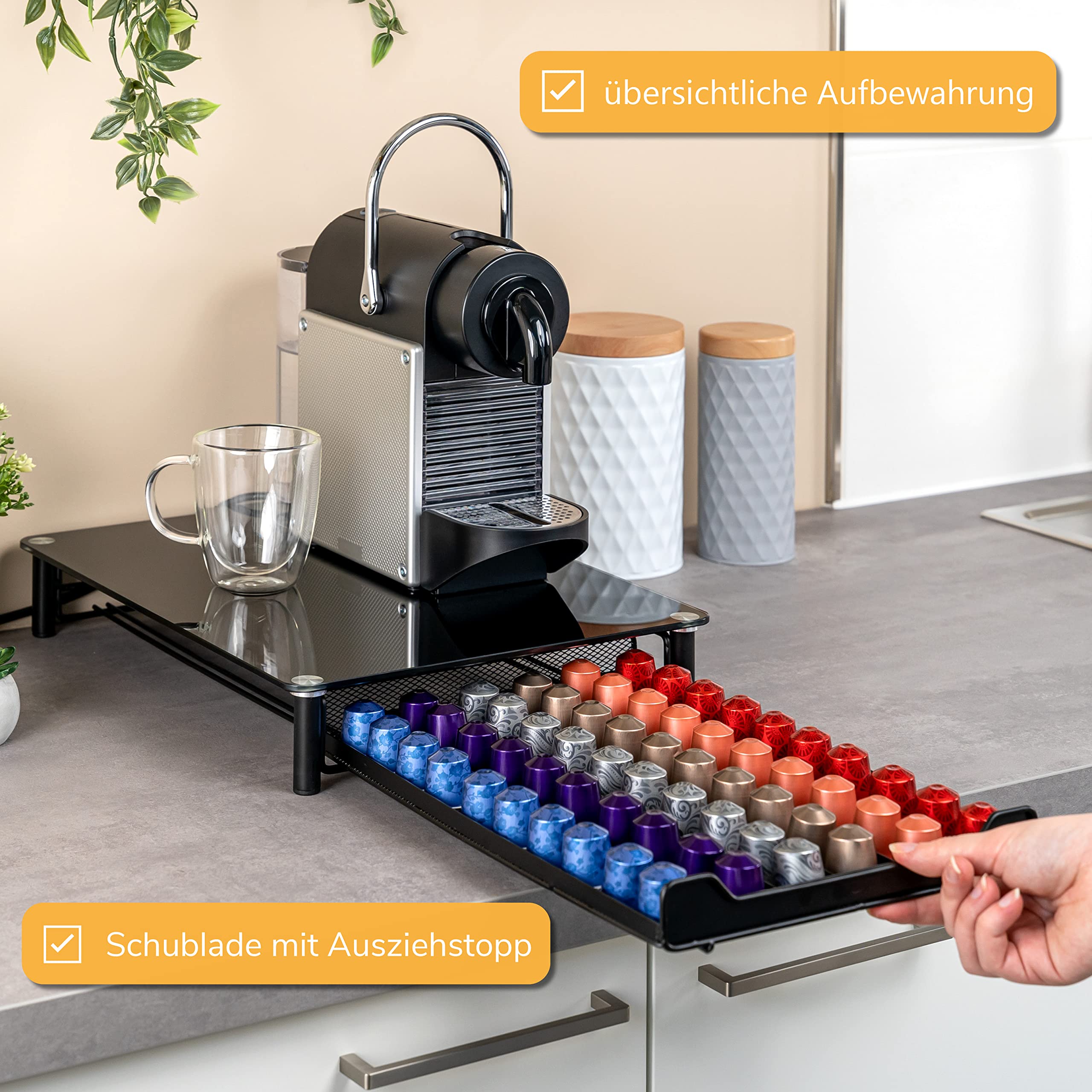 bremermann Caja para 60 cápsulas de café Nespresso, cajón, metal y placa de cristal, soporte para cápsulas, dispensador de cápsulas, aprox. 31 x 7 x 40,5 cm (negro)