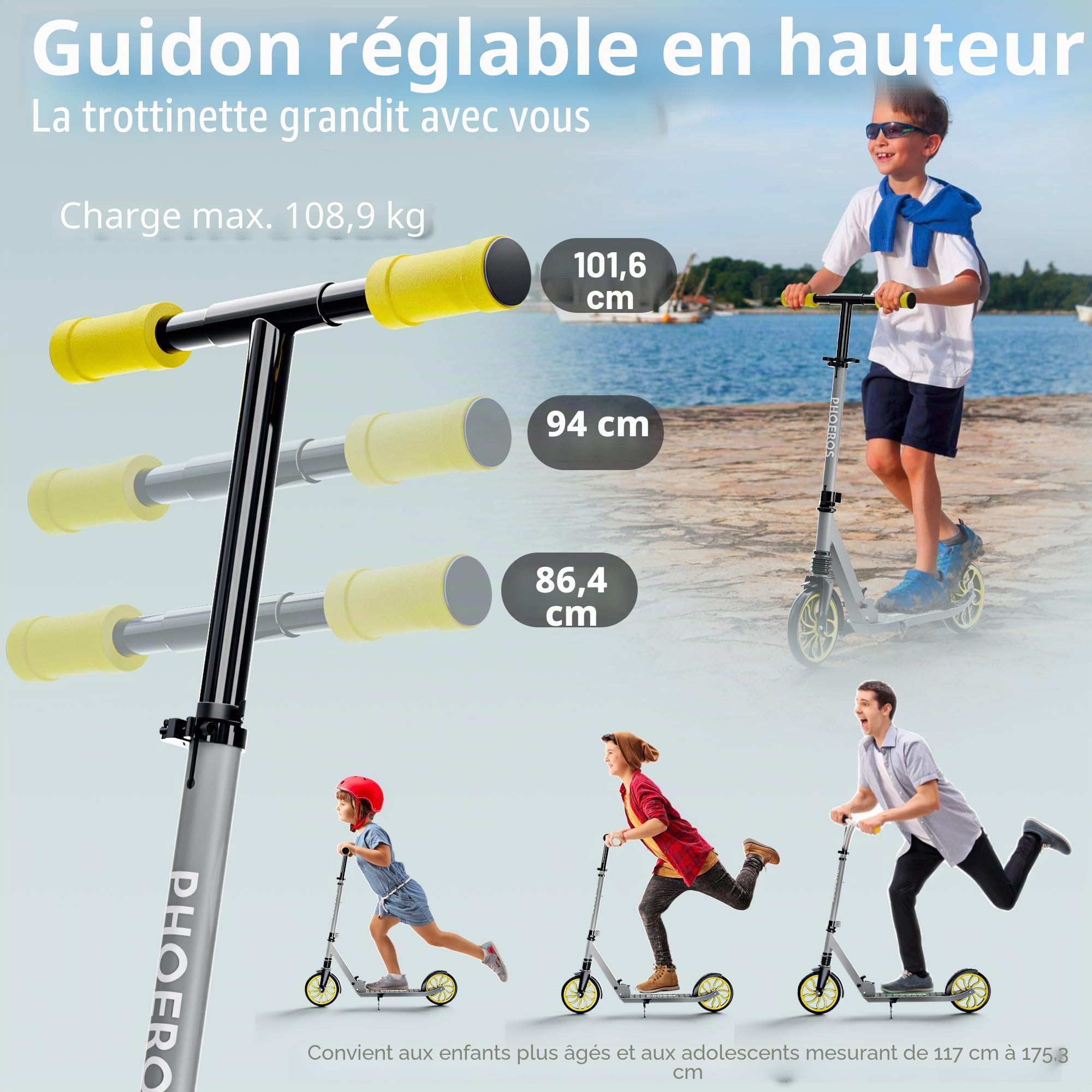 PHOEROS Trottinette pour Enfants 6-12Ans,Adolescents et Adultes Trottinette Pliable Aluminium Léger pour Ados,Garçons&Filles,avec Grandes Roues 200mm,3 Hauteurs Réglables,Absorption Chocs