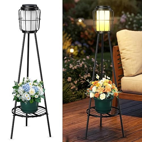 2-in-1 Solar Lights Outdoor with Plant Stand, Waterproof Solar Floor
