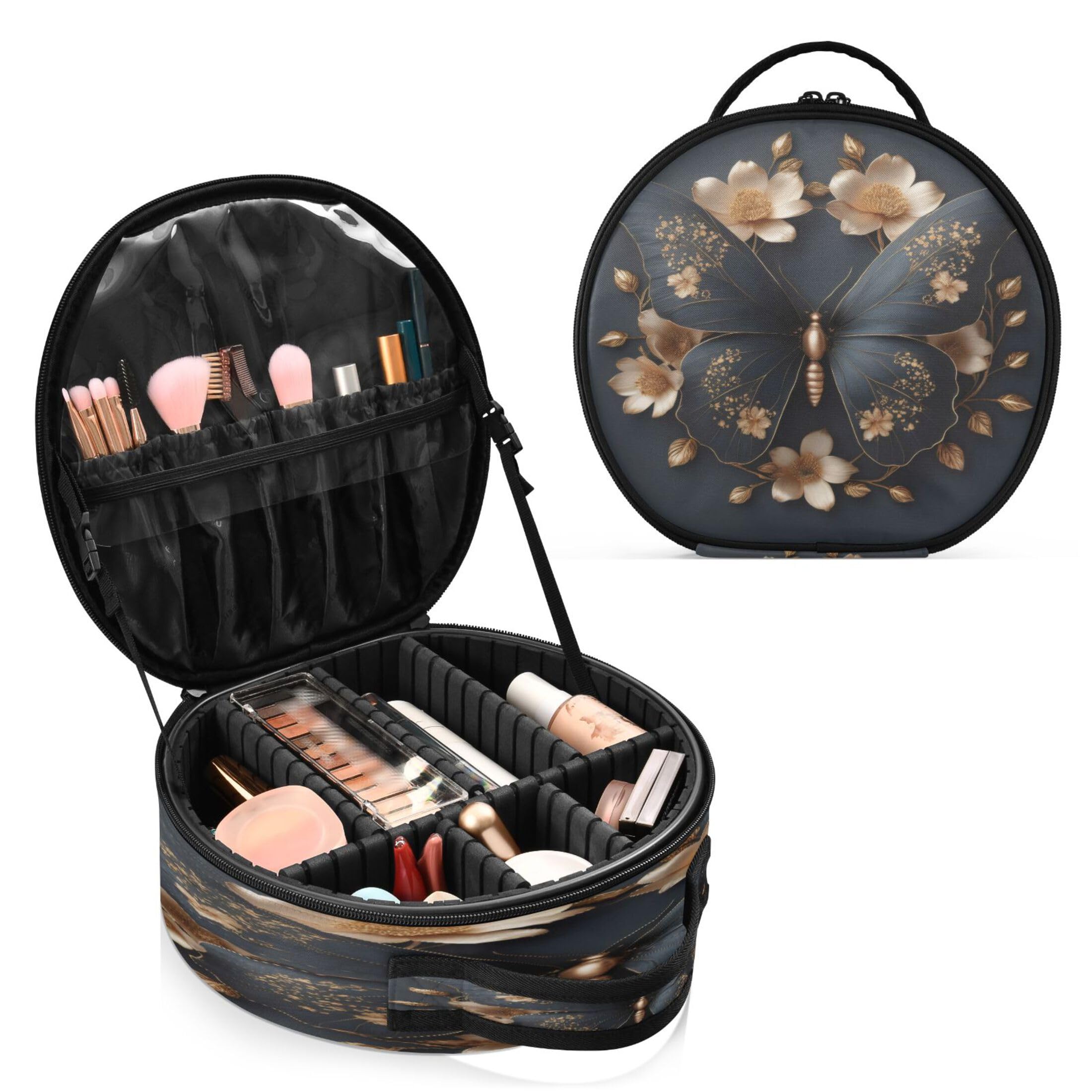 Takiito Black Butterfly Travel Makeup Case Portable Makeup Box Artist Cosmetic Case Organizer With Adjustable Dividers