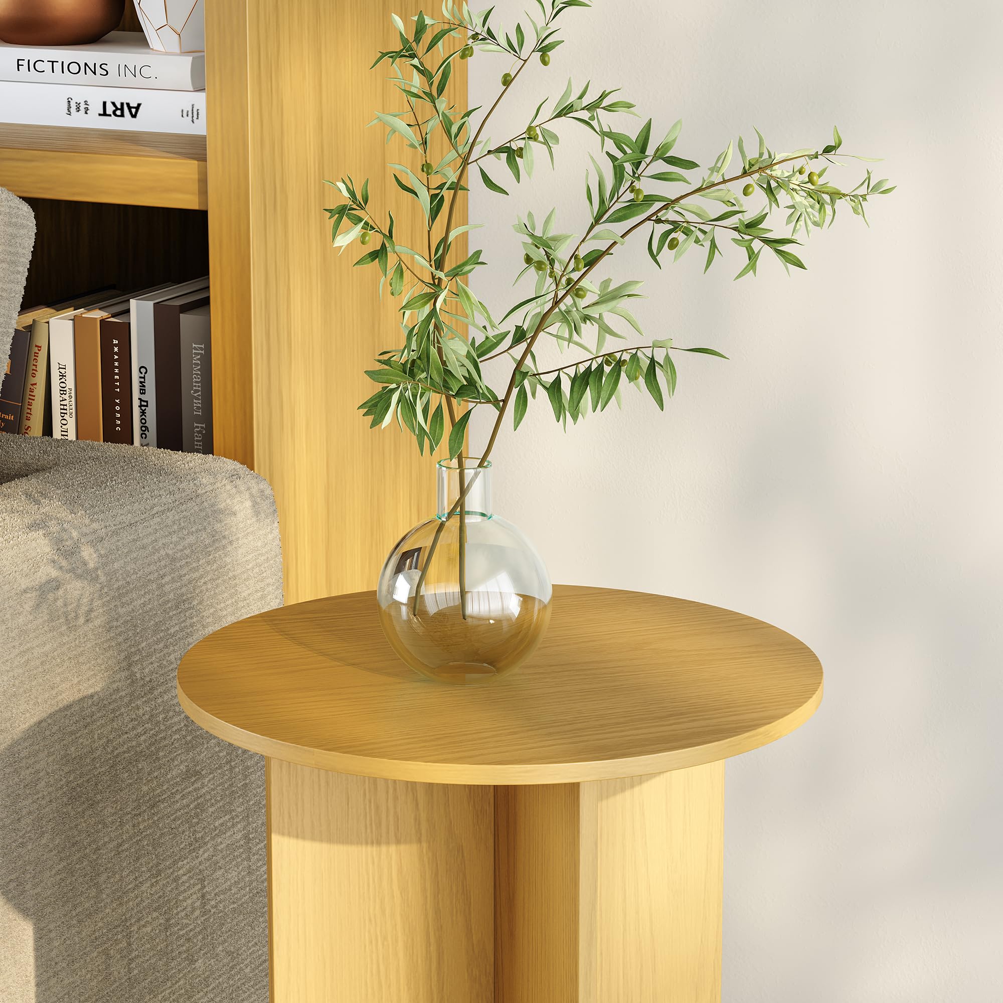 [en.casa] Table d’appoint avec Plateau Rond Petite Table Basse Bout de Canapé Guéridon Design Intemporel Salon Chambre Bureau Entrée Panneau de Particules 60 x 40 cm Effet Chêne