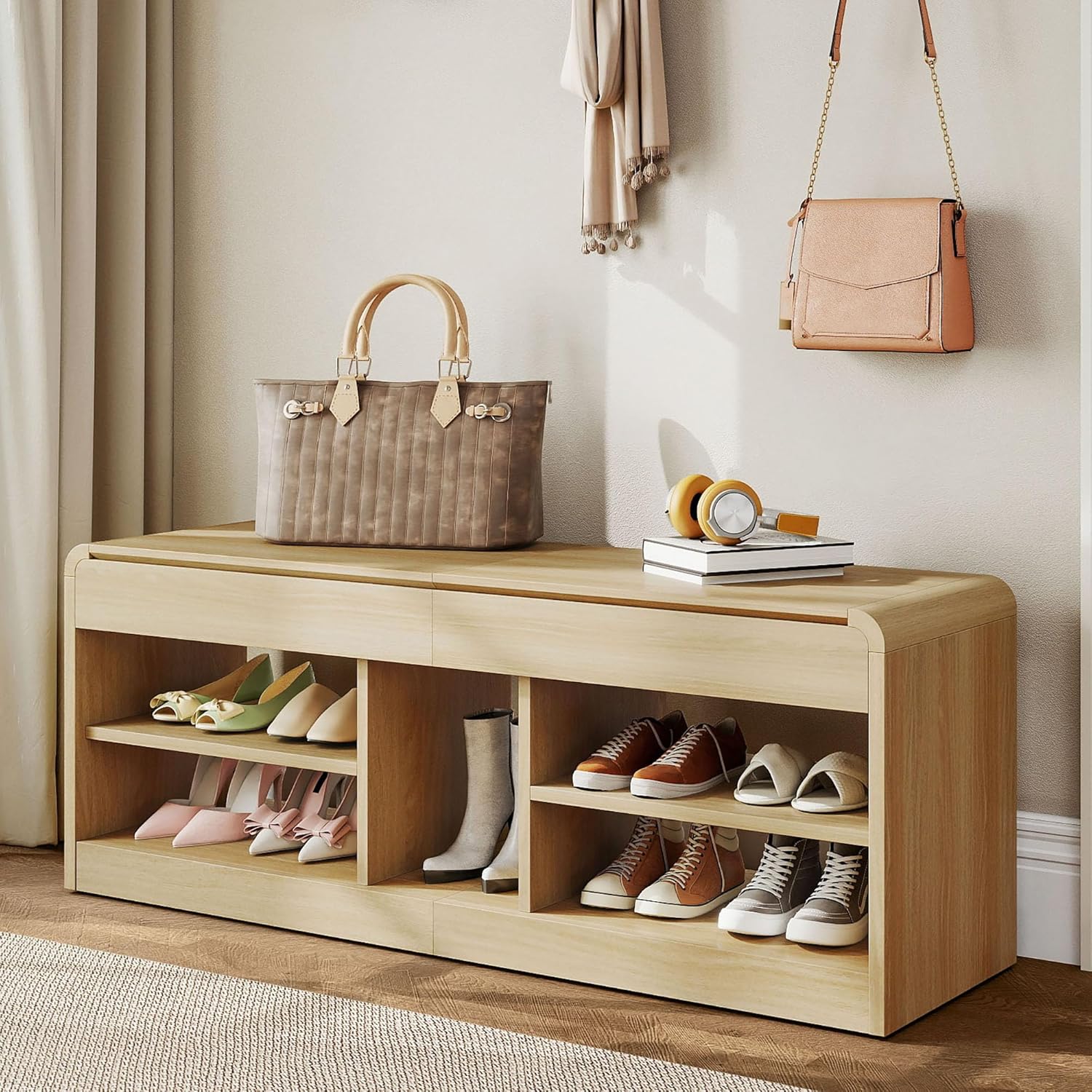 Shoe Storage Bench, 47.2in Entryway Bench with Flip-Open Storage Box, 2 Tier Shoe Rack Organizer with Shelf, Entryway Cabinet for Hallway Living Room Bedroom, Natural