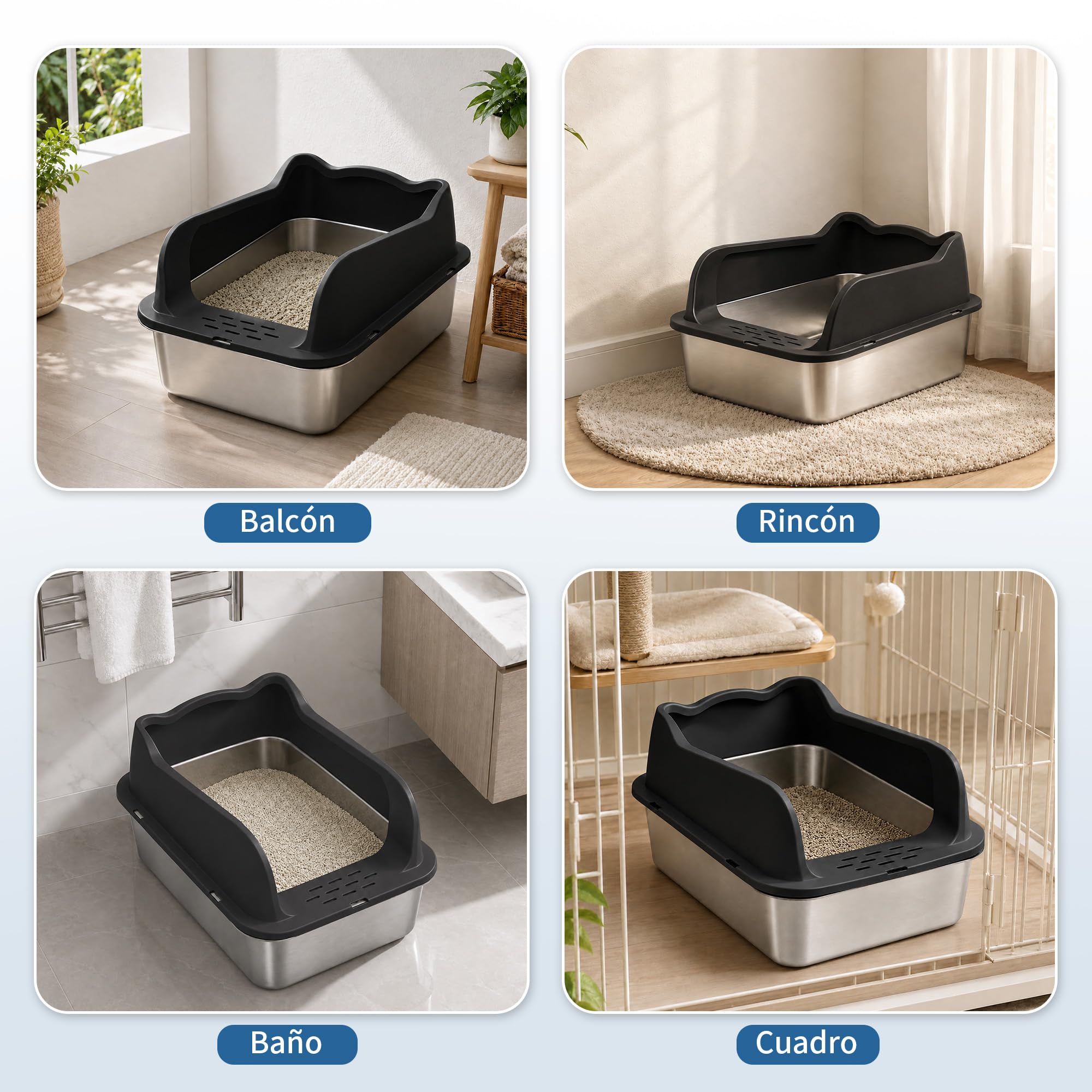 Arenero Gato Acero Inoxidable, XXL Caja Bandeja de Arena para Gatos, Metal Extraíble Litter Box, Caja de Arena de Lados Altos (50 * 35 * 15cm)