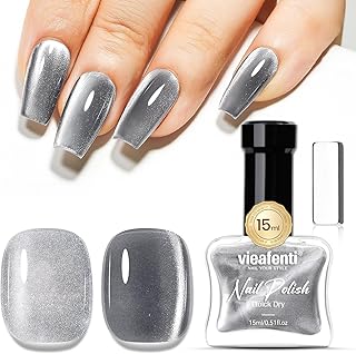 Cat Eye Nail Polish Silver 15ml, Quick Drying Nails Polish with Magnet Regular Cateye Air Dry Oil-Base Glossy Magnetic Nail Polish Non Gel for Ladies