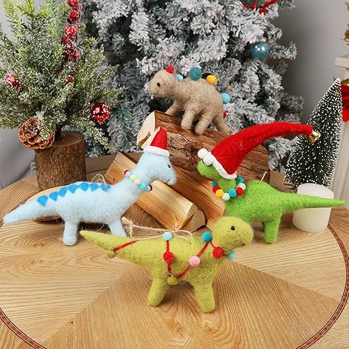 Vista 4 de Juegoal Juego de 4 adornos de dinosaurio de fieltro de Navidad, decoración colgante de lana de Navidad, manualidades de animales, decoración