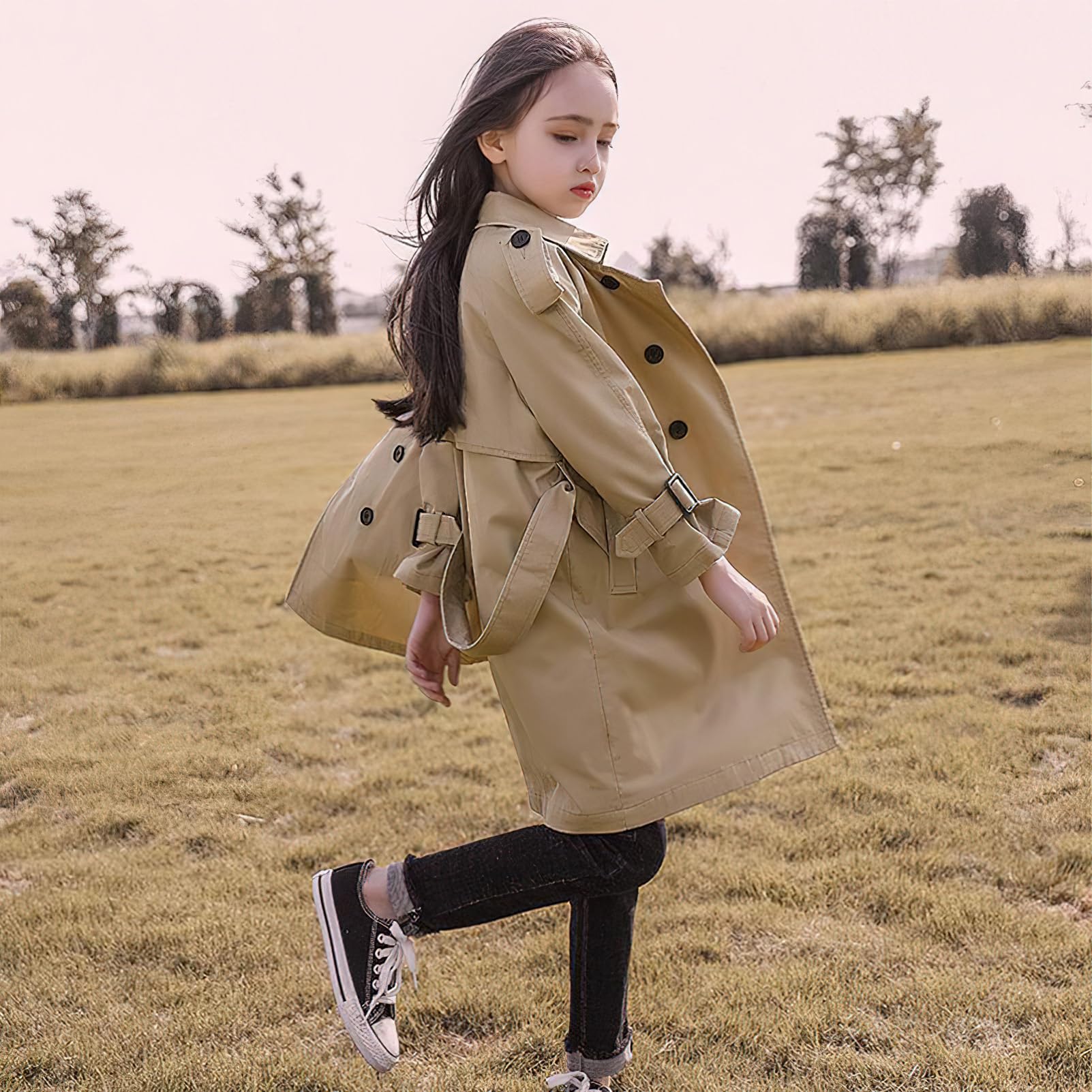 amropi Filles Trench-Coat Coton Automne Veste Single Breasted Trench Manteau pour 4-17 Ans