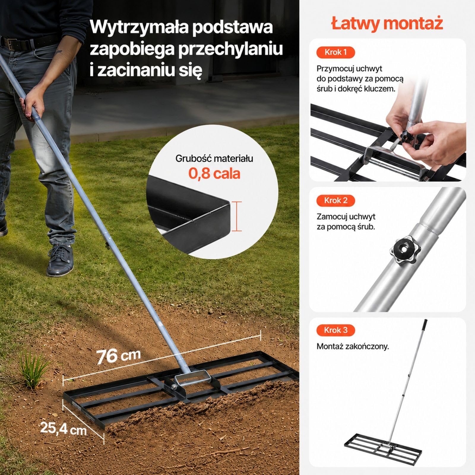 Grabie wyrównujące do trawnika z uchwytem, narzędzie ogrodowe do podwórka i pielęgnacji murawy