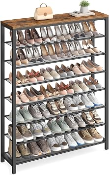 VASAGLE 8 Tier Shoe Rack ، منظم أحذية لكلوزيه ، مدخل ، 32-40 زوج من الأحذية ، منظم رف أحذية كبير مع 7 أرفف شبكية معدنية ، 11.8 × 39.4 × 59.8 بوصة, ريفي بني وأسود ULBS012B01