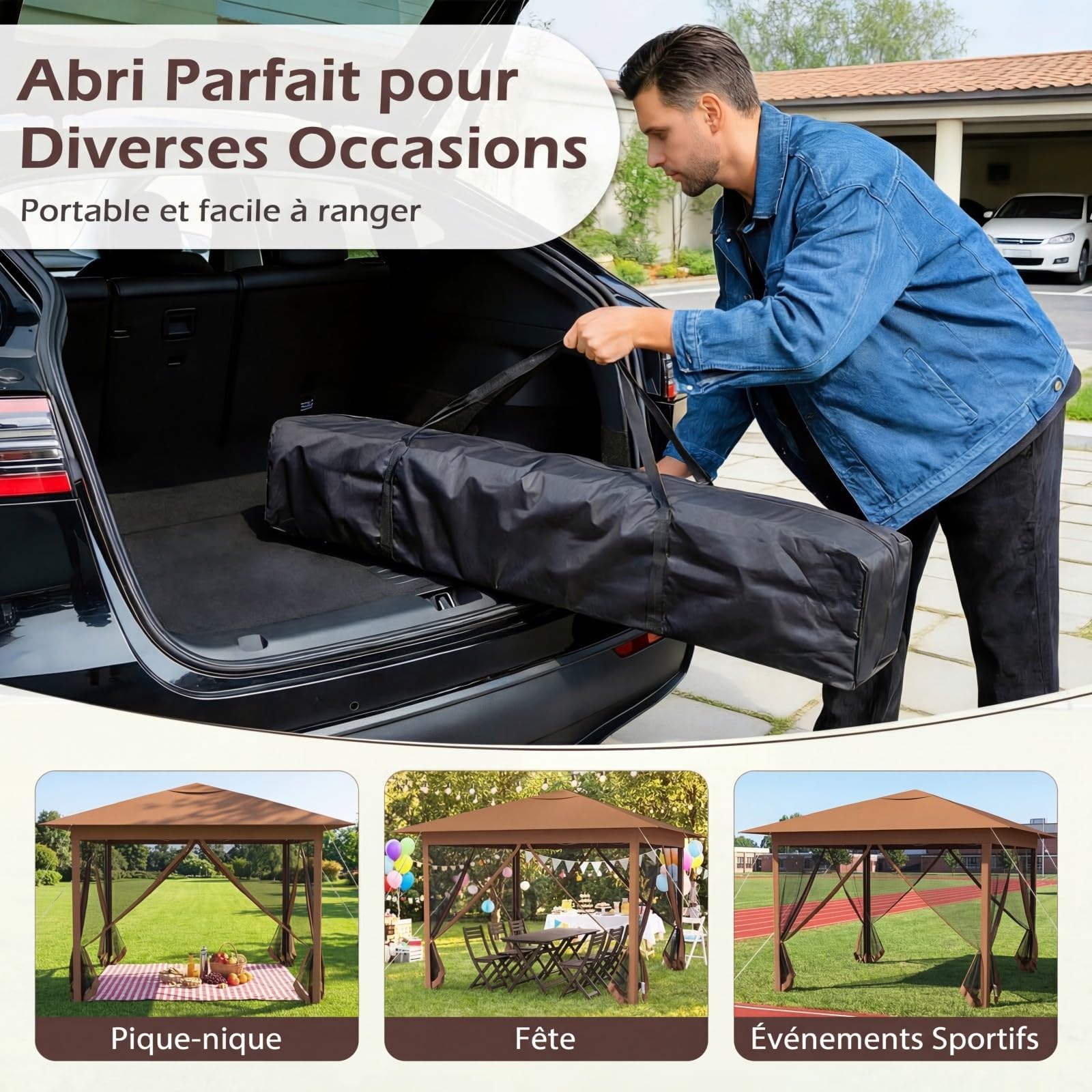 RELAX4LIFE Tonnelle Pliante 3x3 avec Moustiquaires, Tonnelle de Jardin Exterieur Pop-up Facile à Monter, Protection Solaire, Cadre Métallique, Sac de Transport, Pavillon de Jardin pour Terrasse