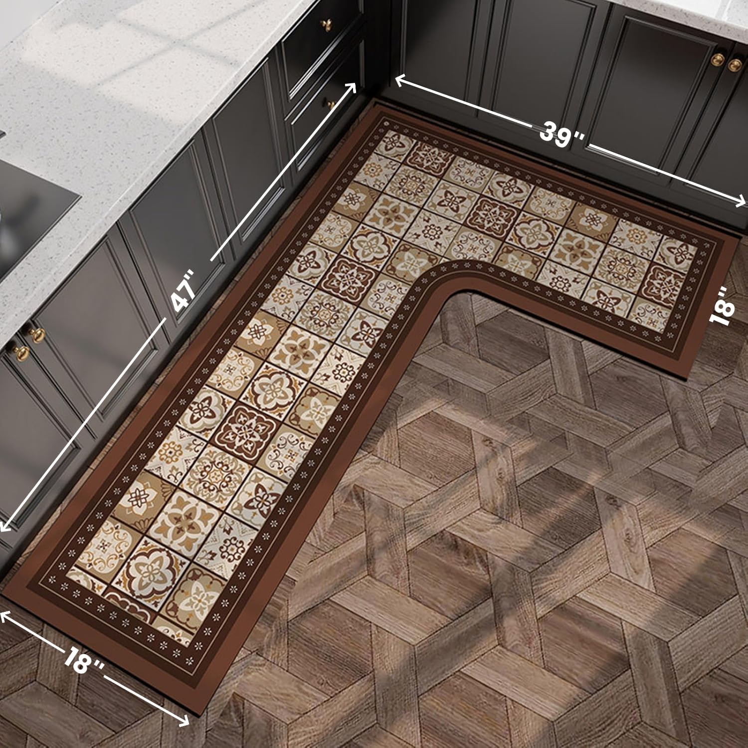 l-shaped kitchen rug - non-slip absorbent floor mat, washable anti-fatigue corner carpet for sink area, oil & water proof kitchen mat (brown morocco left l, 39''x47''x18'') 3'3" x 3'11" (l-shape) brown morocco left l