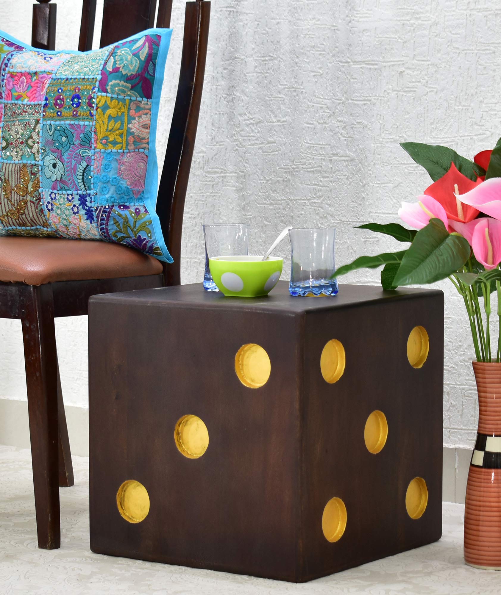 Solid Wood 16"x16"x16" Cube/Dice Side Bar Table with Yellow Holes to Keep Glasses (Lacquer Finish, Dark Walnut)