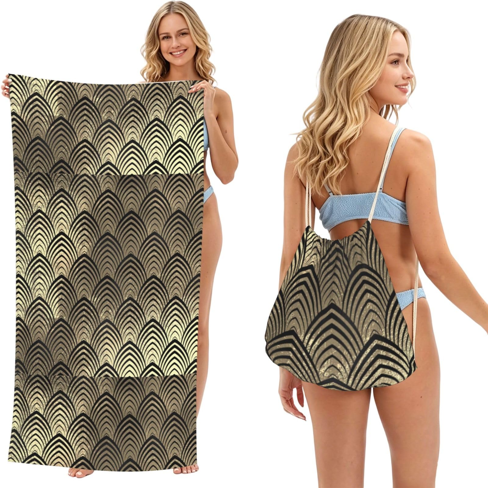 Poadnly As Picture Art Deco Black, 2 In 1 Packable Towel Bag, Beach Towels With Drawstring Backpack For Travel Holiday Camping