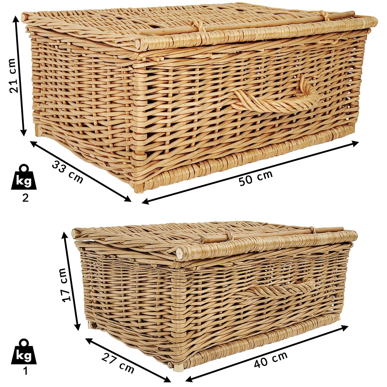 Set di 2 valigie in vimini stile retrò da 50 cm e 40 cm, cesto portaoggetti intrecciato, cestino da picnic per viaggi, campeggio, valigia