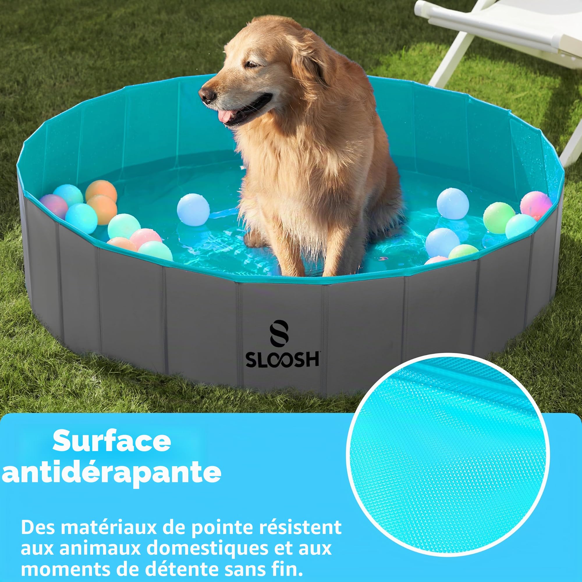 SLOOSH Pataugeoire pliable pour chien 122 x 30,5 cm, piscine rigide pour chien, gris