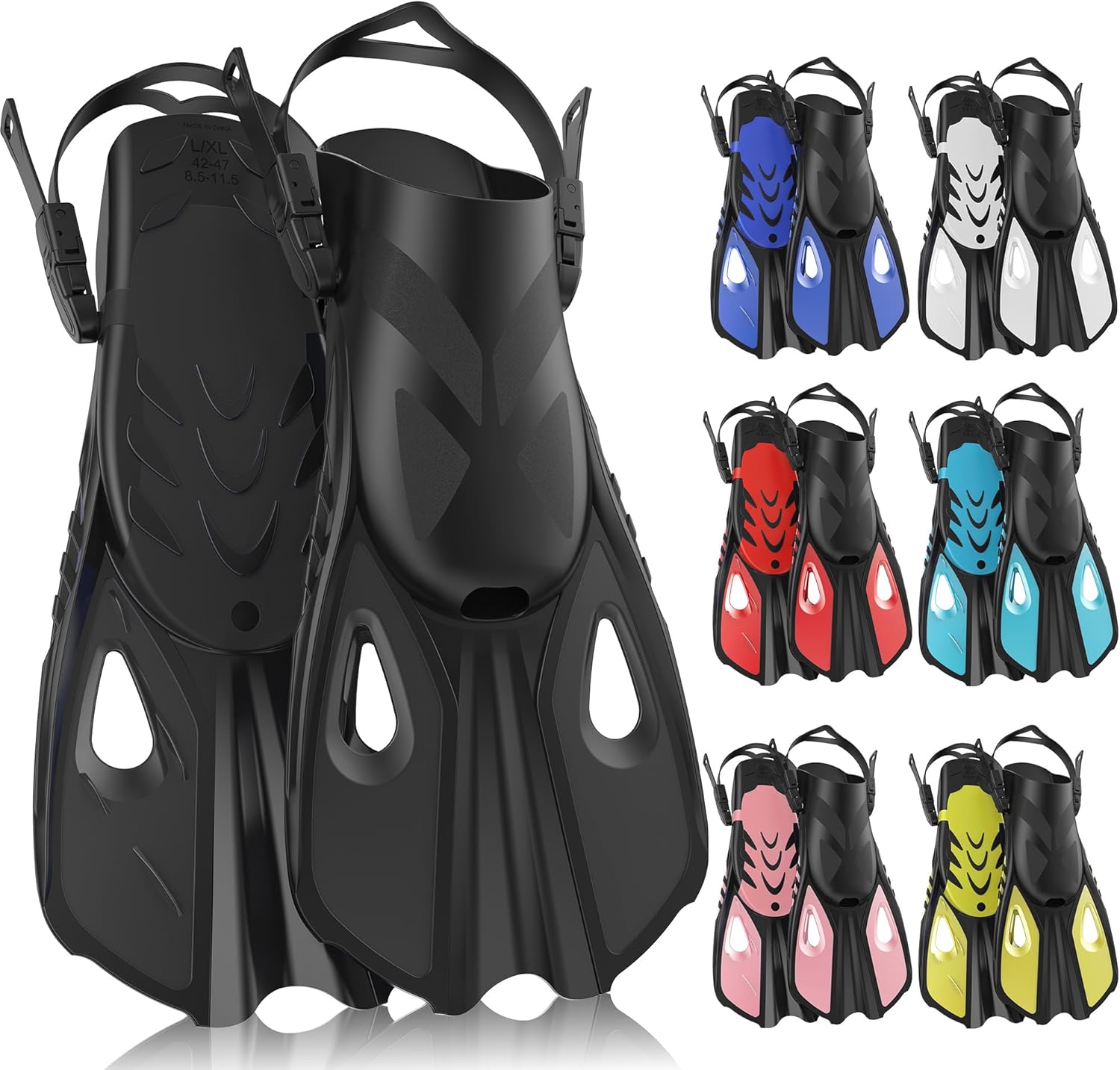 Snorkel Fins, Swim Fins Travel Size Short Adjustable for Snorkeling Diving Adult Men Women Open Heel Swimming Flippers Black L/XL (US 8.5-11.5)