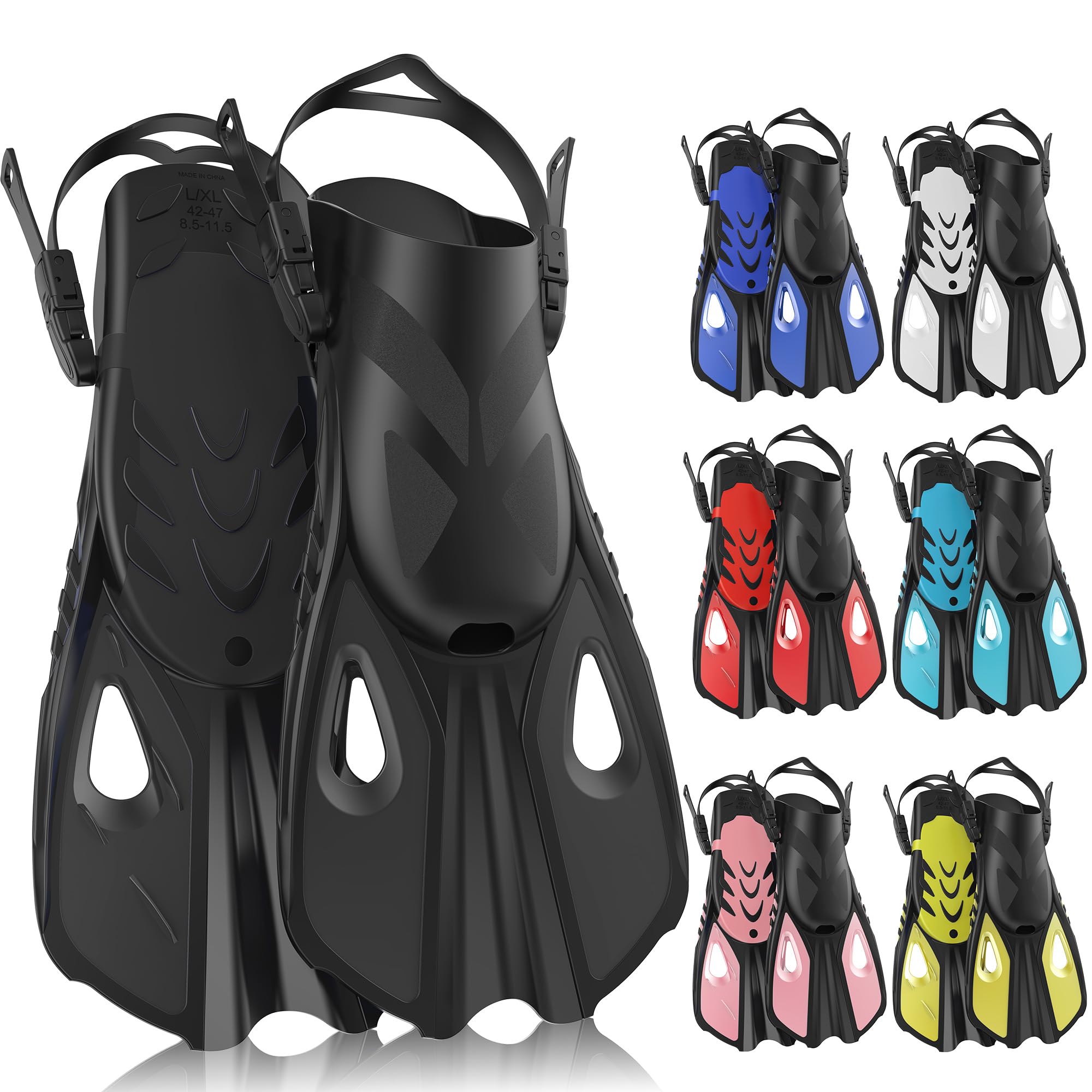MELUMILU Snorkel Fins, Swim Fins Travel Size Short Adjustable for Snorkeling Diving Adult Men Women Open Heel Swimming Flippers: Black L/XL (US Men 8.5-11.5 / Women 9.5-12.5)