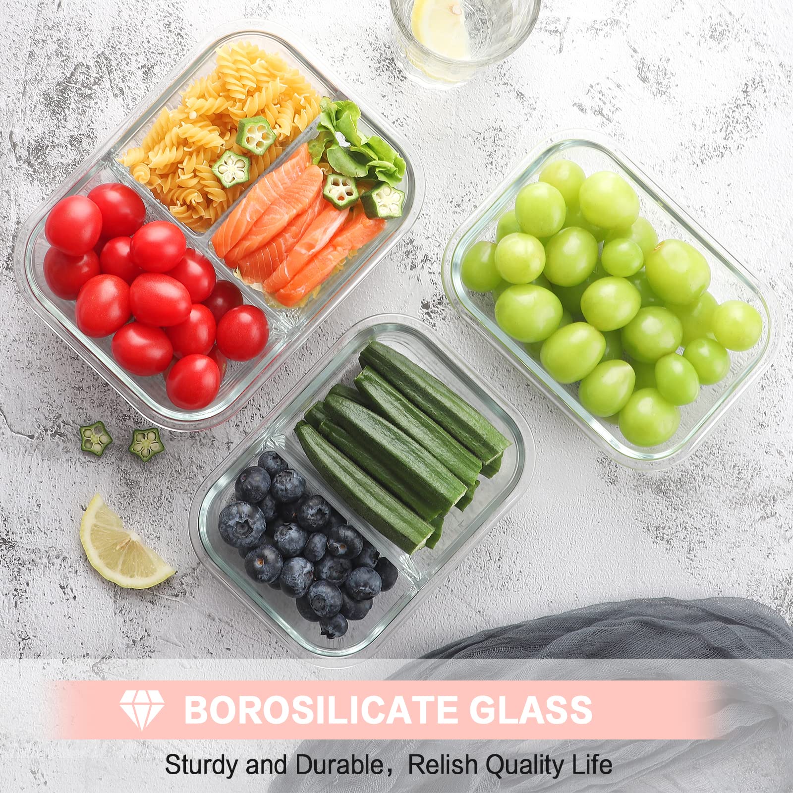 Bayco Paquete de 9 recipientes de vidrio para preparación de comidas, 3, 2 y 1 compartimento, recipientes de vidrio para almacenamiento de alimentos con tapas, cajas bento de vidrio herméticas, sin