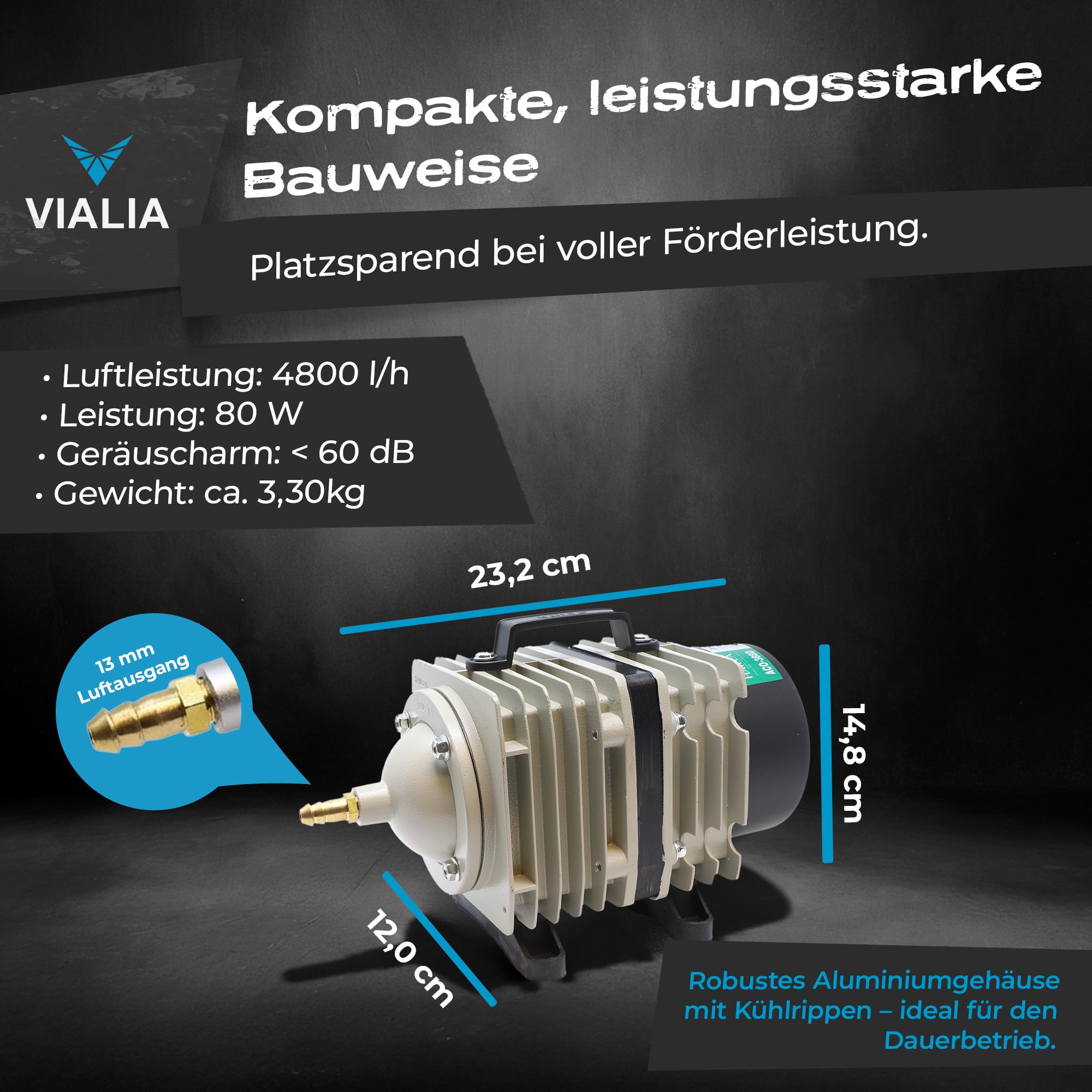 Luftpumpe ACO ölfrei, leise <60 dB, Aluminiumgehäuse, Luftkompressor für die Belüftung von Teich und Aquarium