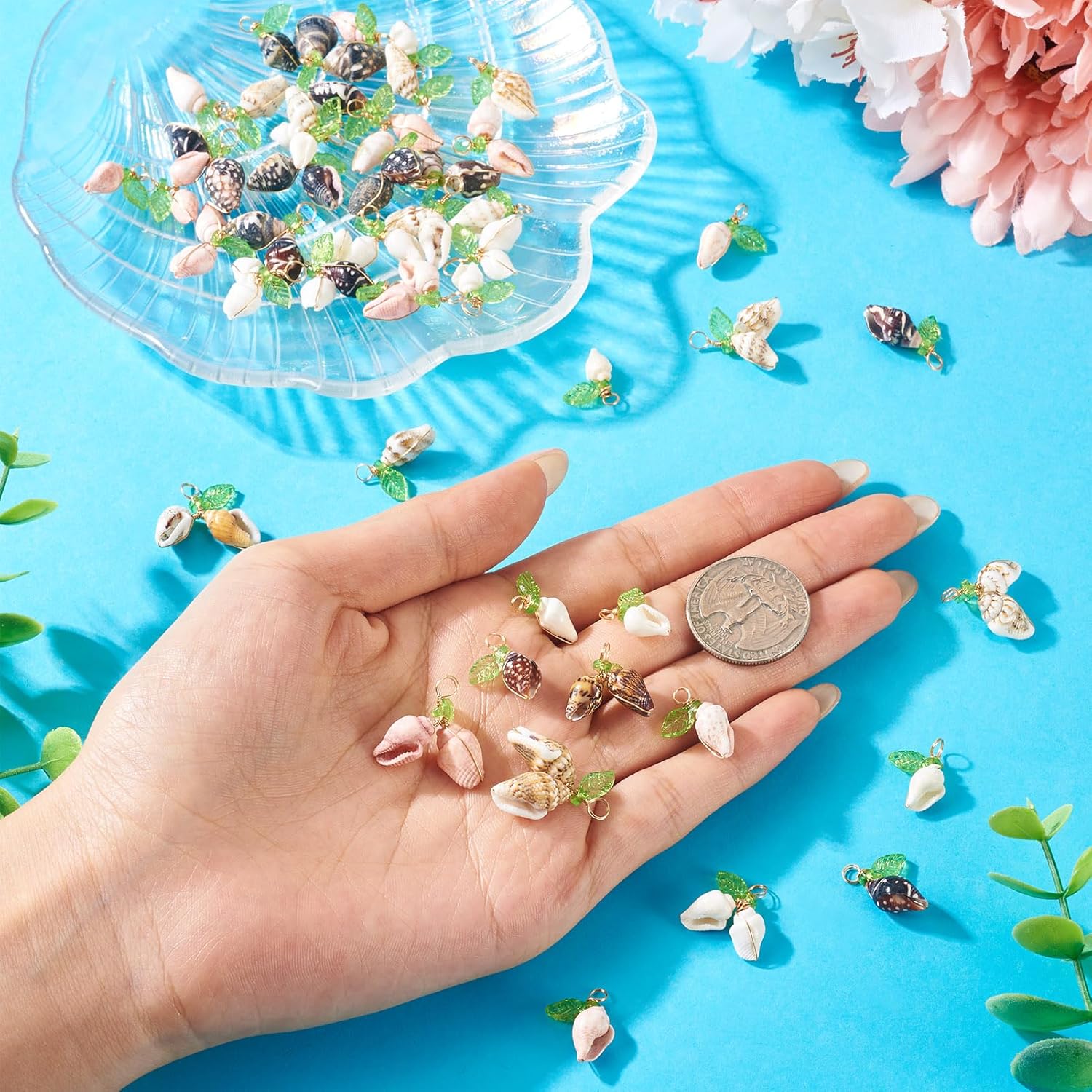 Pandahall 48Pcs Green Acrylic Leaf Beads Charms with Natural Shell Pendants 8 Styles Sea Shells Dangle for Jewelry Making DIY Crafts Earring Bracelet Necklace - Image 5