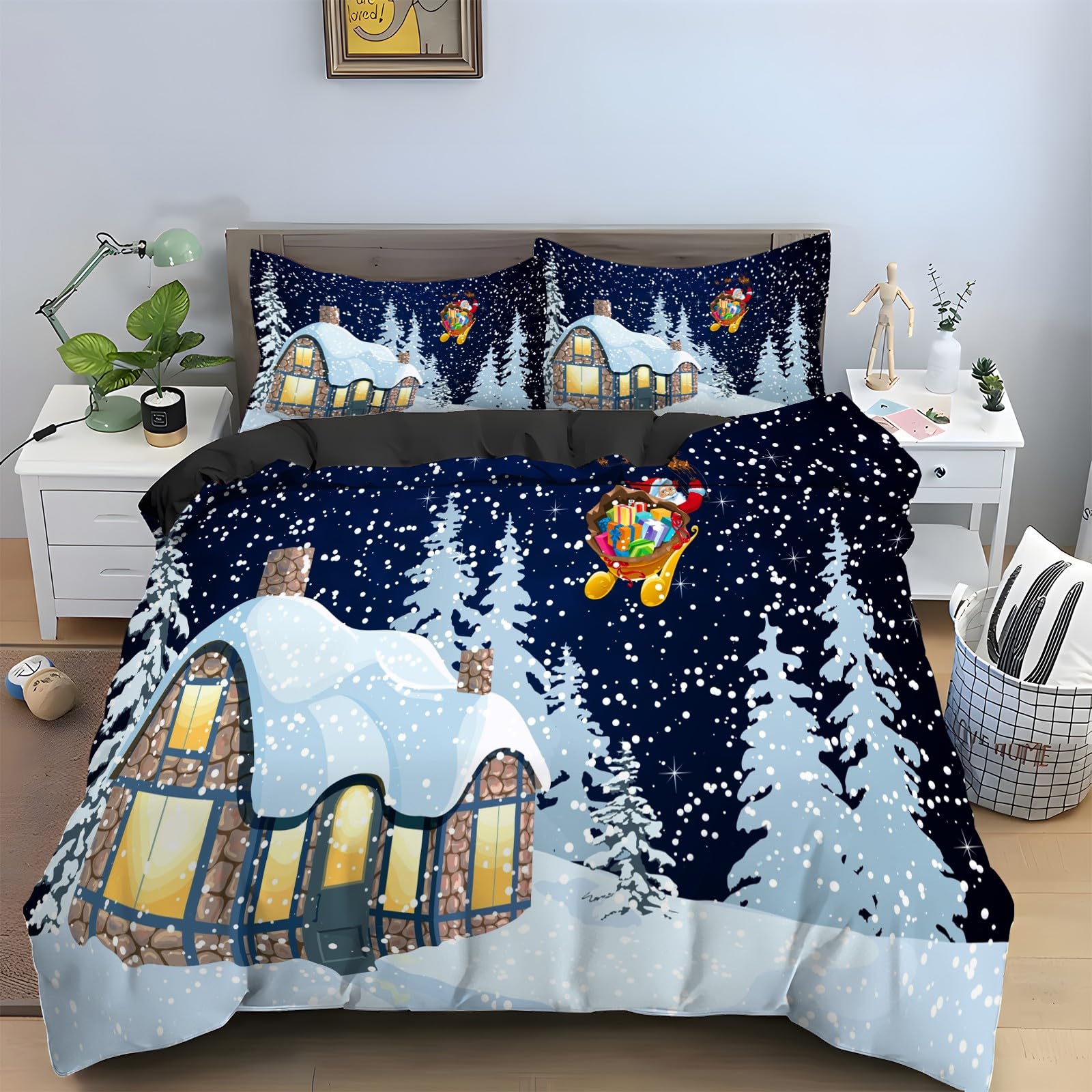 Housse de couette 220x240 flocon de neige lit double 2 personnes parure Noël