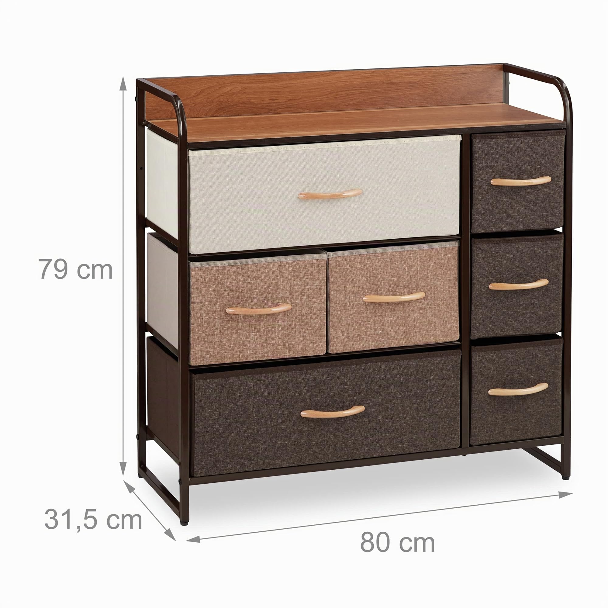 Relaxdays Mobiletto con Cassetti, 7 Tiretti Pieghevoli in Tessuto, Ripiano, HLP 79 x 80 x 31,5 cm, Marrone