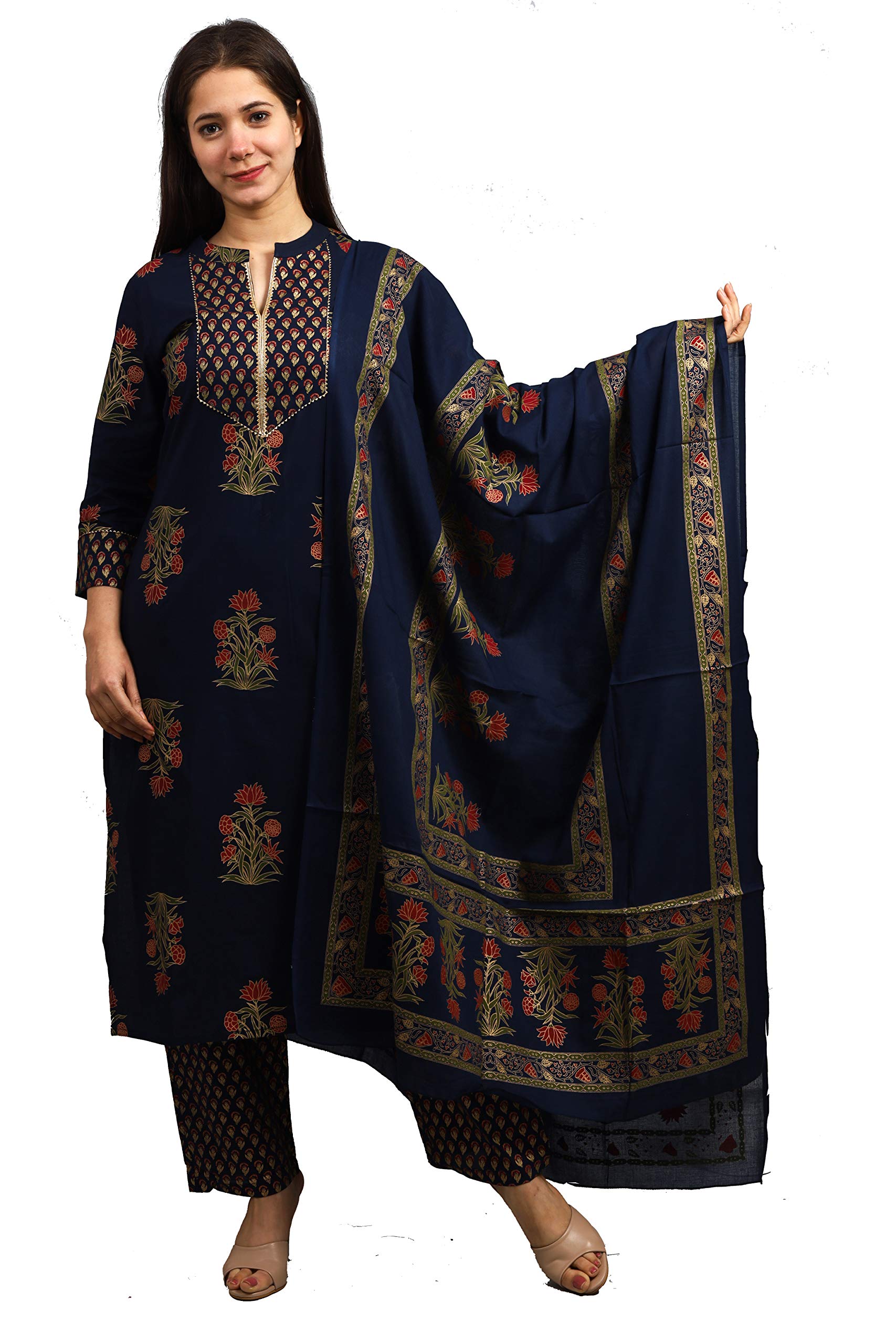 MEERA FABWomen Cotton Blue Printed Kurta Palazzo & Dupatta Set