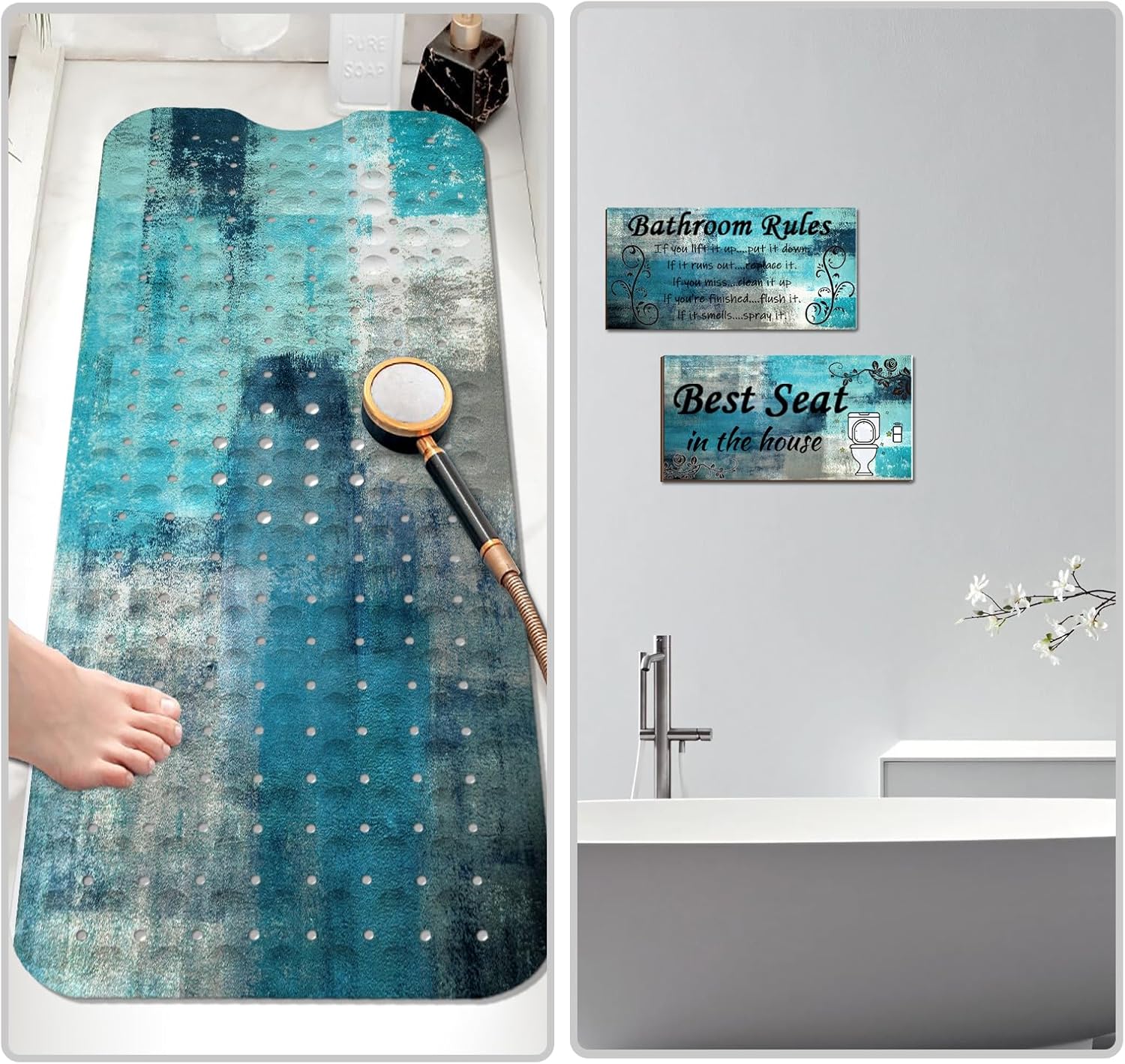 LNOND Turquoise Bathtub Mat Non Slip + 2 Pieces Turquoise Bathroom Wall Decor