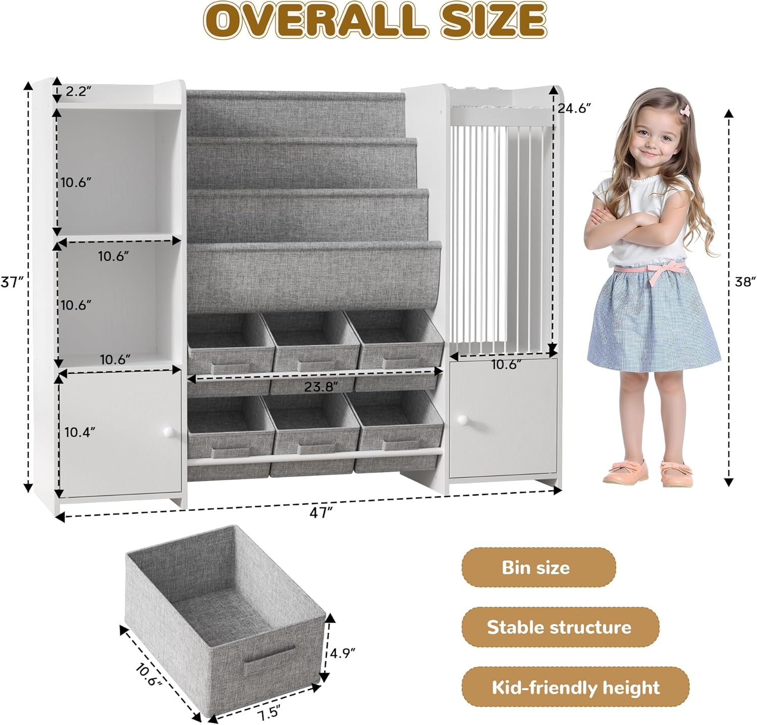 DTK Kids Toy Storage Organizer with Bookshelf, 6 Toy Bins & Stuffed Animal Storage Tube, Kids Book Rack & Toy Shelf Organizer for Playroom Storage, Kids Room Organization Cabinet with Doors
